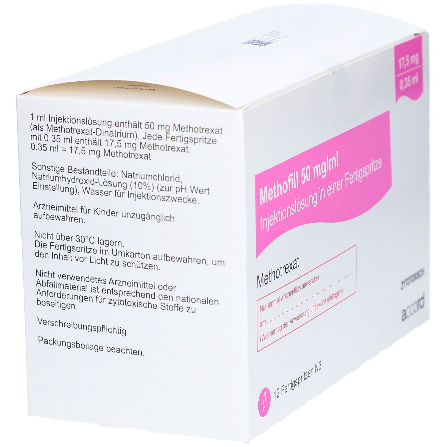 Weiße Faltschachtel mit rosa Akzenten. Aufdruck: Methofill 50 mg/ml Injektionslösung. 12 Fertigspritzen. Accord Logo. Text und Inhaltsstoffe.