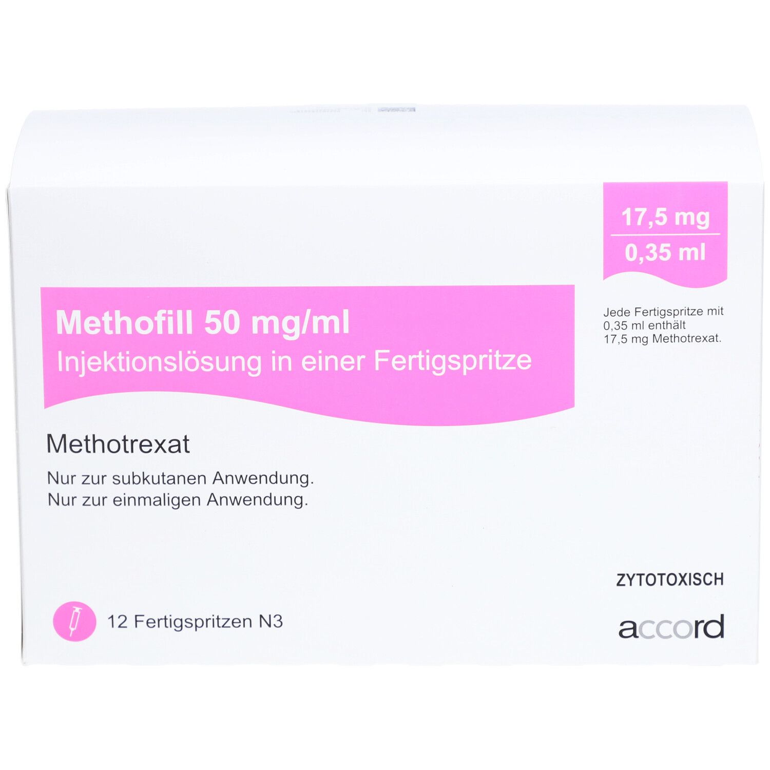 Weiße Faltschachtel mit rosa Akzenten. Aufdruck: Methofill 50 mg/ml Injektionslösung. 12 Fertigspritzen. Accord Logo.