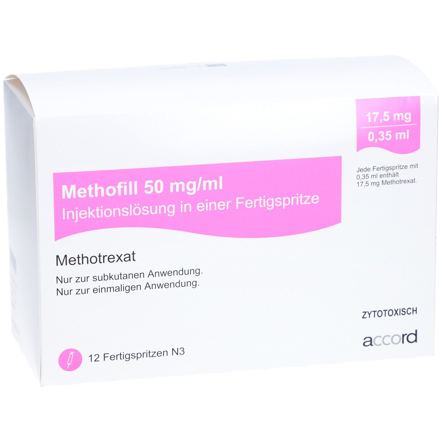 Weiße Faltschachtel mit rosa Akzenten. Aufdruck: Methofill 50 mg/ml Injektionslösung. 12 Fertigspritzen. Accord Logo.