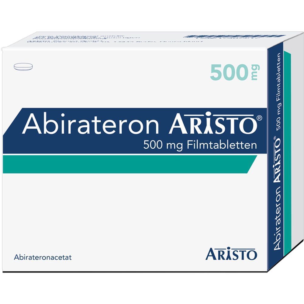Verpackung von Abirateron Aristo 500 mg Filmtabletten. Weißer Karton mit blauer und grüner Beschriftung. Aufschrift: Aristo, 500 mg Filmtabletten.