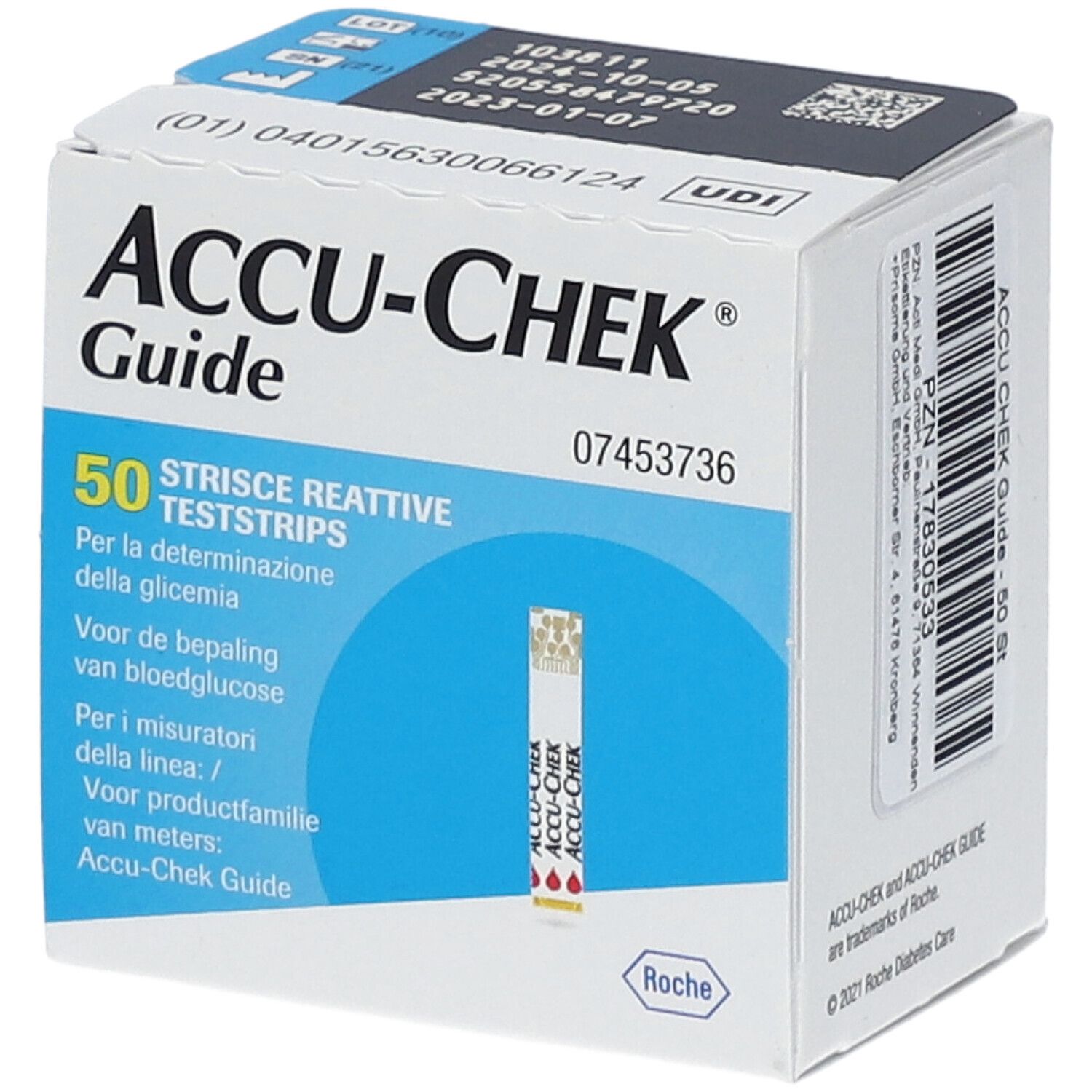 Schachtel mit Accu-Chek Guide Teststreifen. Aufschrift: 50 Teststreifen. Auf der Schachtel ist ein Teststreifen abgebildet.