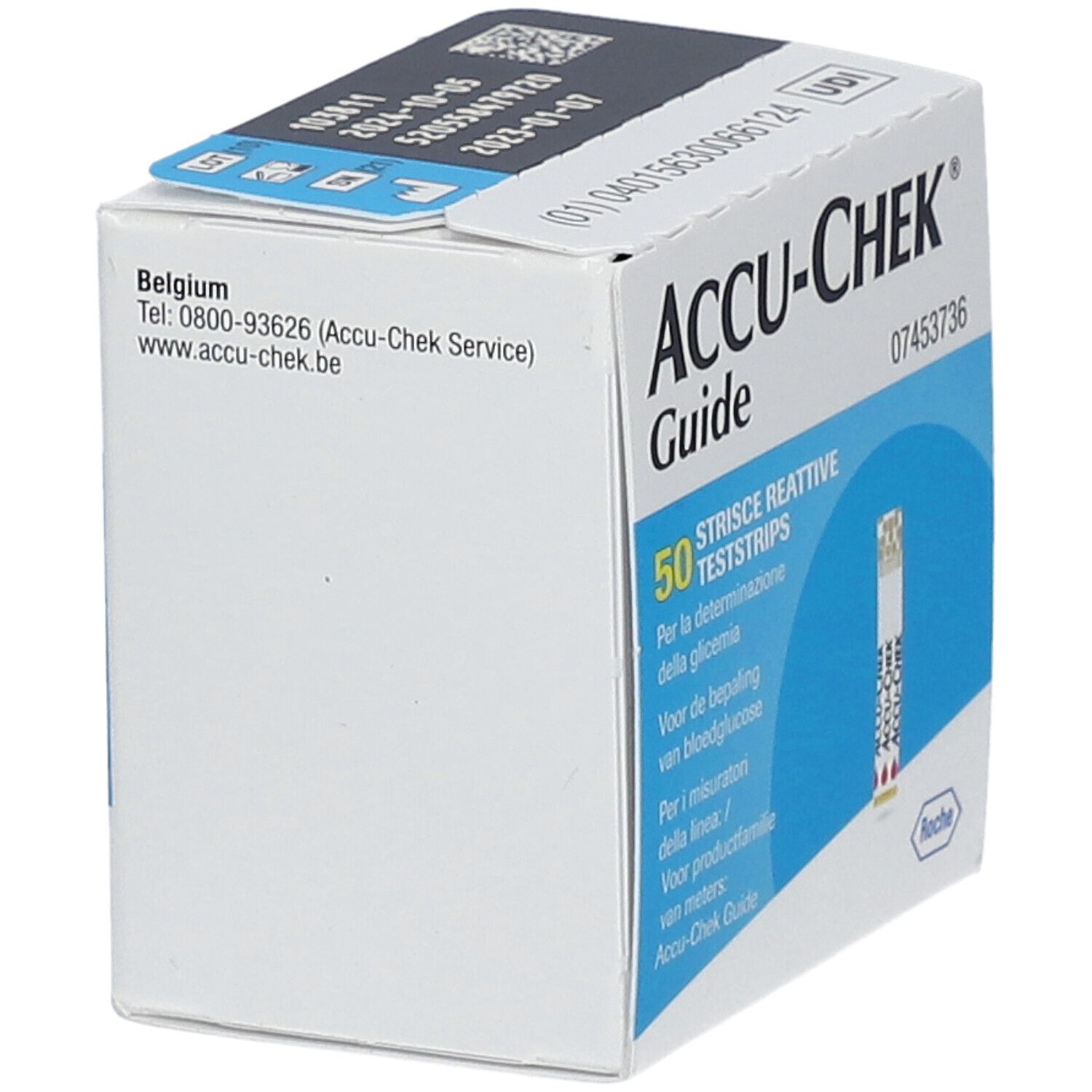 Accu-Chek Guide Schachtel. Aufschrift: 50 Teststreifen. Auf der Schachtel ist ein Teststreifen abgebildet. Herkunftsland: Belgien.