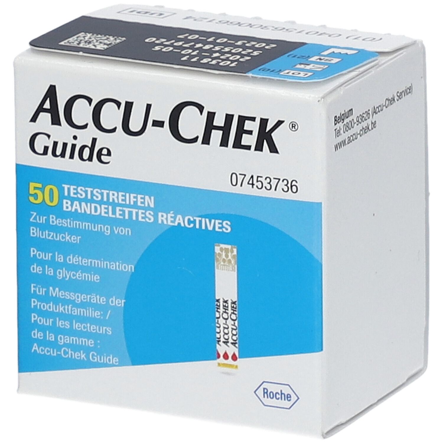 Accu-Chek Guide Schachtel mit 50 Teststreifen. Auf der Schachtel ist ein Teststreifen abgebildet. Text: Zur Bestimmung von Blutzucker.