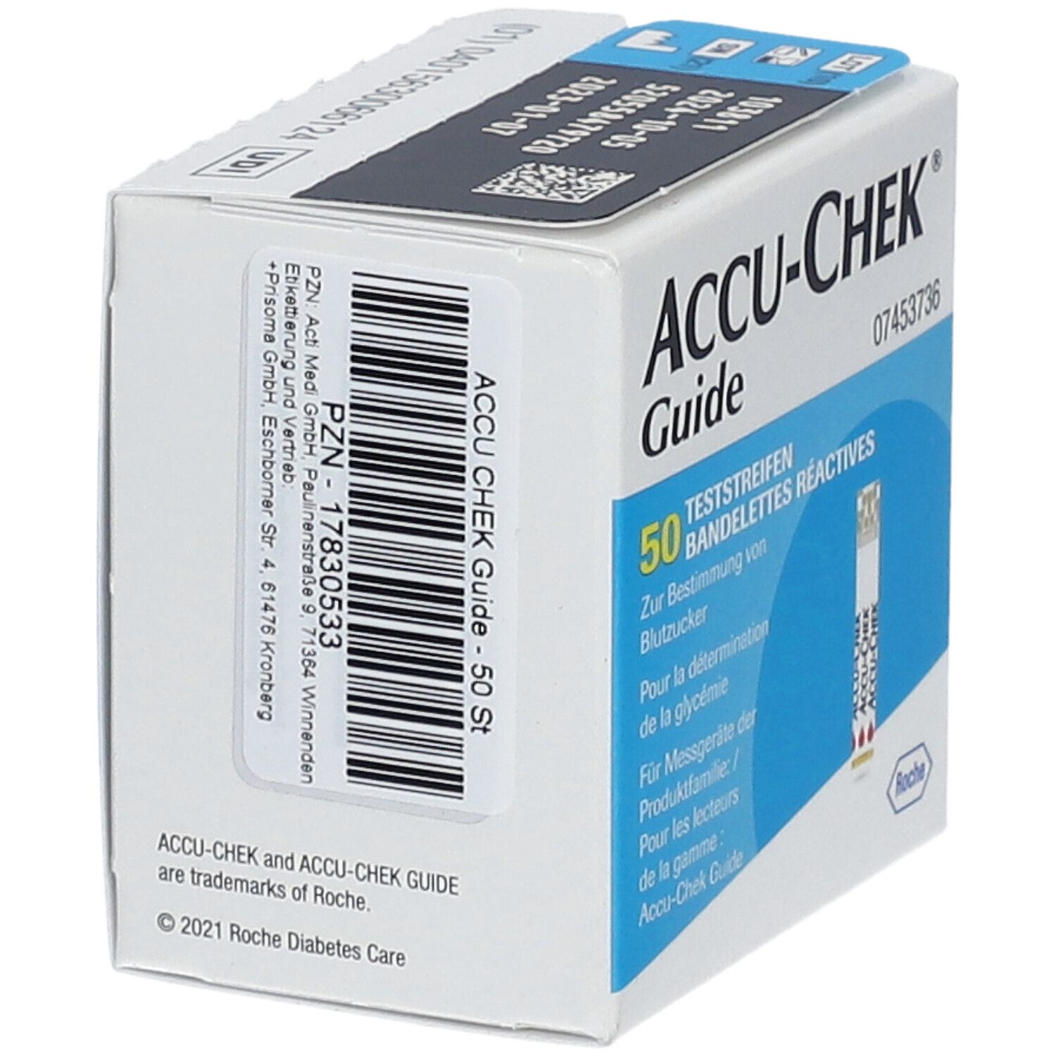 Accu-Chek Guide Schachtel mit 50 Teststreifen. Auf der Schachtel ist ein Teststreifen abgebildet. PZN-Nummer: 17830533.