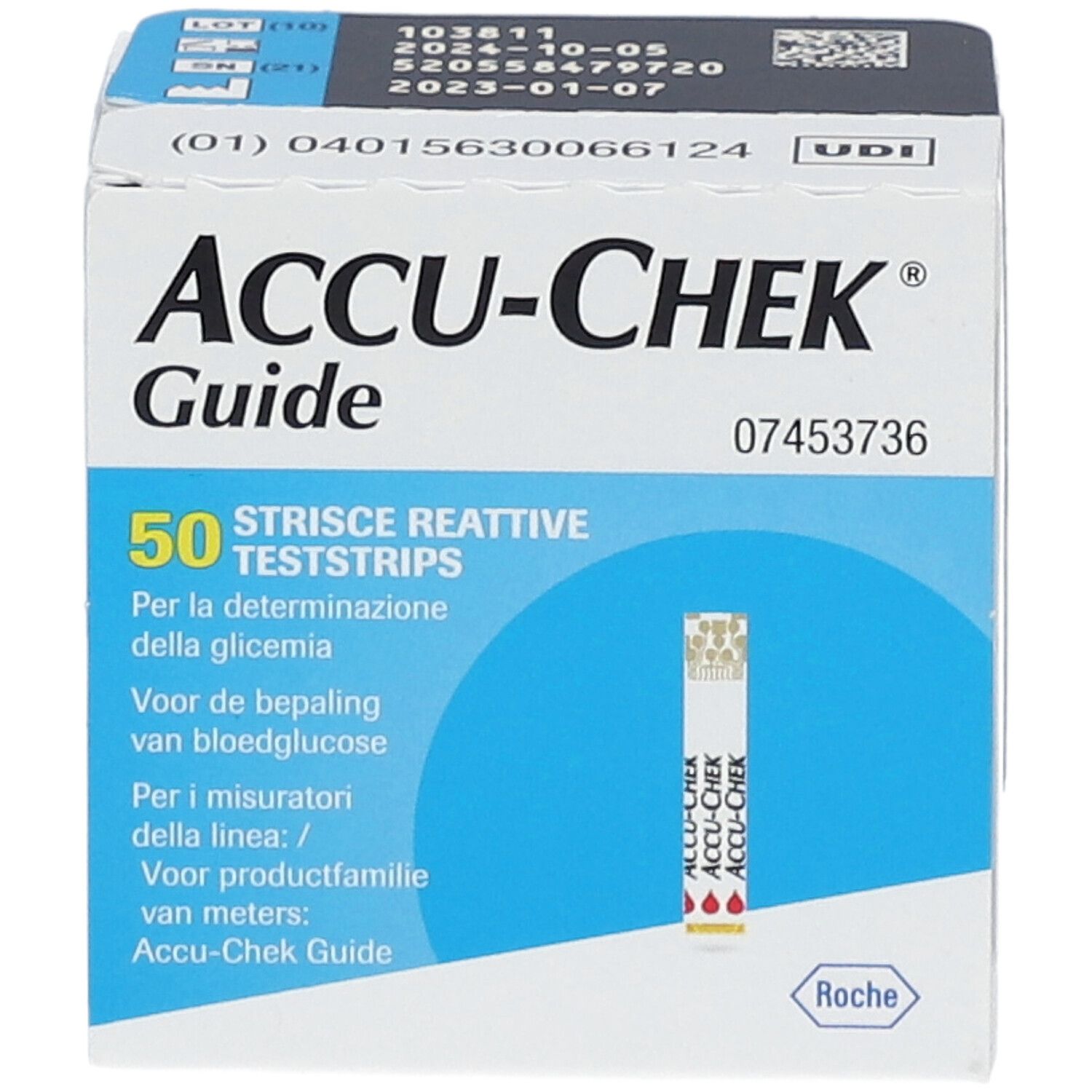 Accu-Chek Guide Schachtel mit 50 Teststreifen. Auf der Schachtel ist ein Teststreifen abgebildet. Text: Für die Bestimmung der Glykämie.