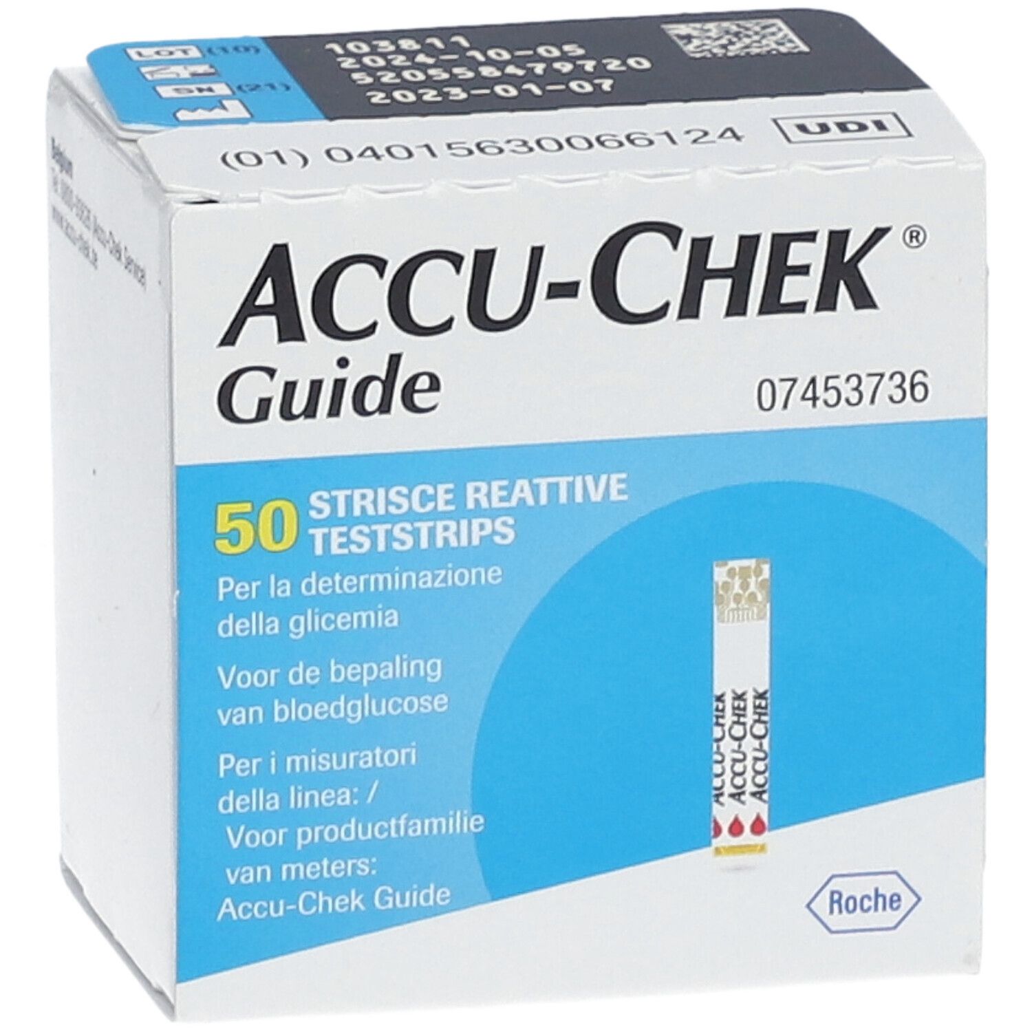 Accu-Chek Guide Schachtel mit 50 Teststreifen. Auf der Schachtel ist ein Teststreifen abgebildet. Text: Für die Bestimmung der Glykämie.
