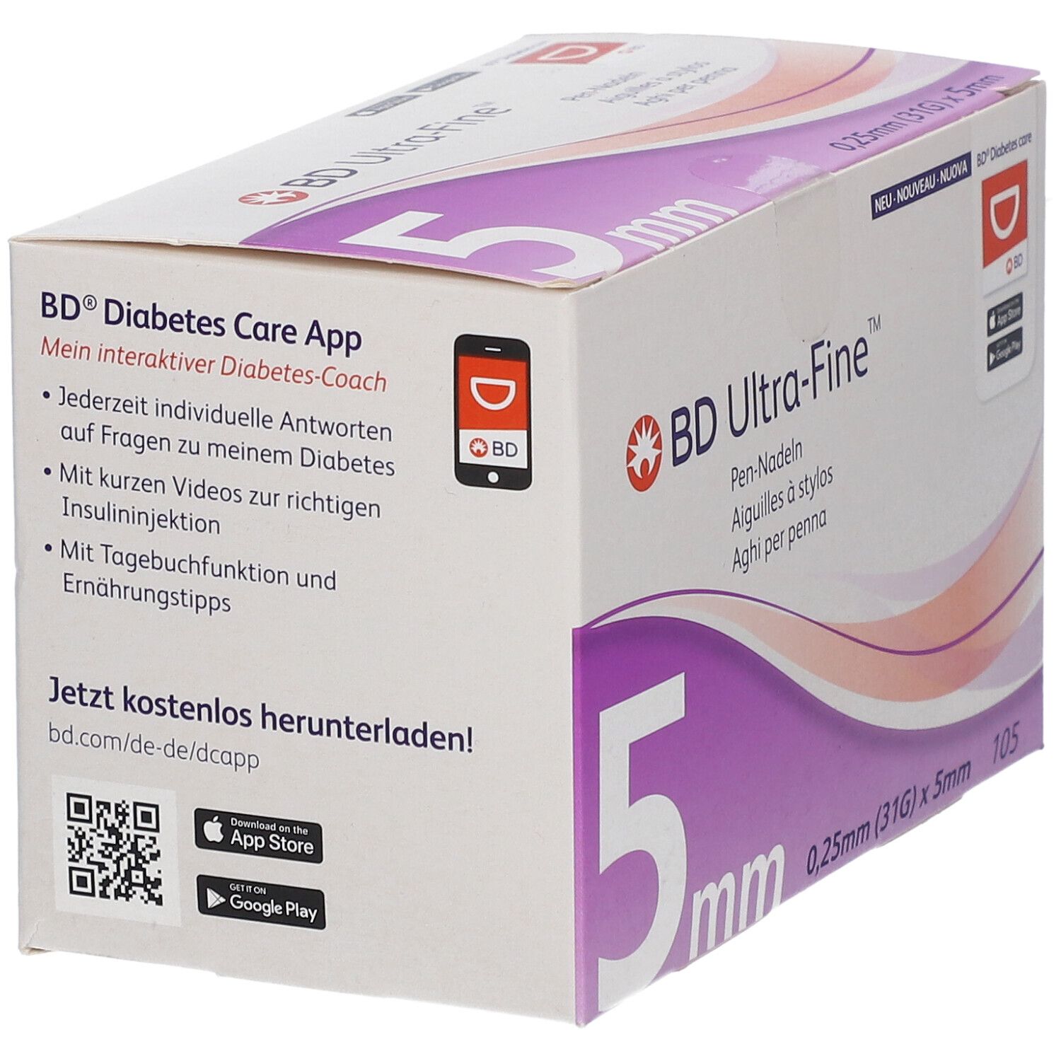 Verpackung von BD Ultra-Fine Pen-Nadeln. 5 mm, 0,25 mm (31G). App-Informationen und QR-Codes sind sichtbar.