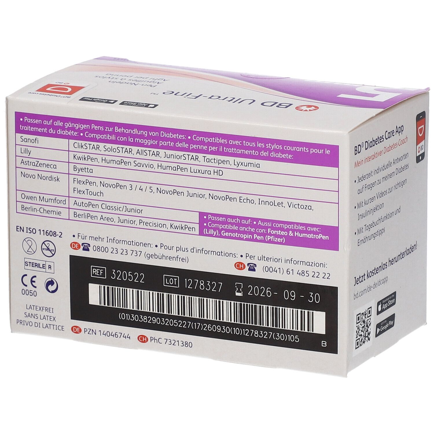 Rückseite der Verpackung von BD Ultra-Fine Pen-Nadeln. Informationen zu Kompatibilität und Chargennummer.