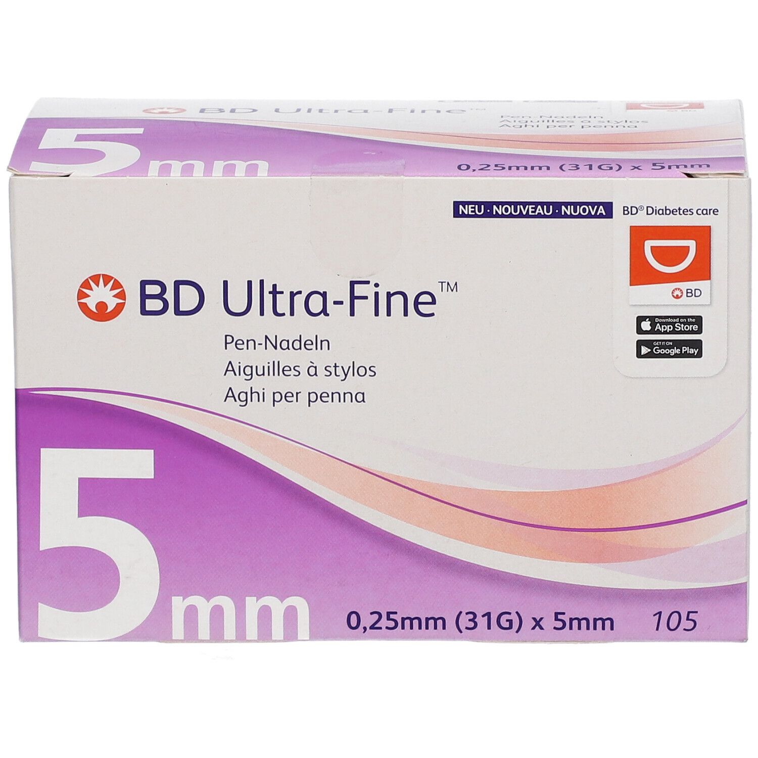 Verpackung von BD Ultra-Fine Pen-Nadeln. 5 mm, 0,25 mm (31G). 105 Stück. Marke und Produktbezeichnung deutlich sichtbar.