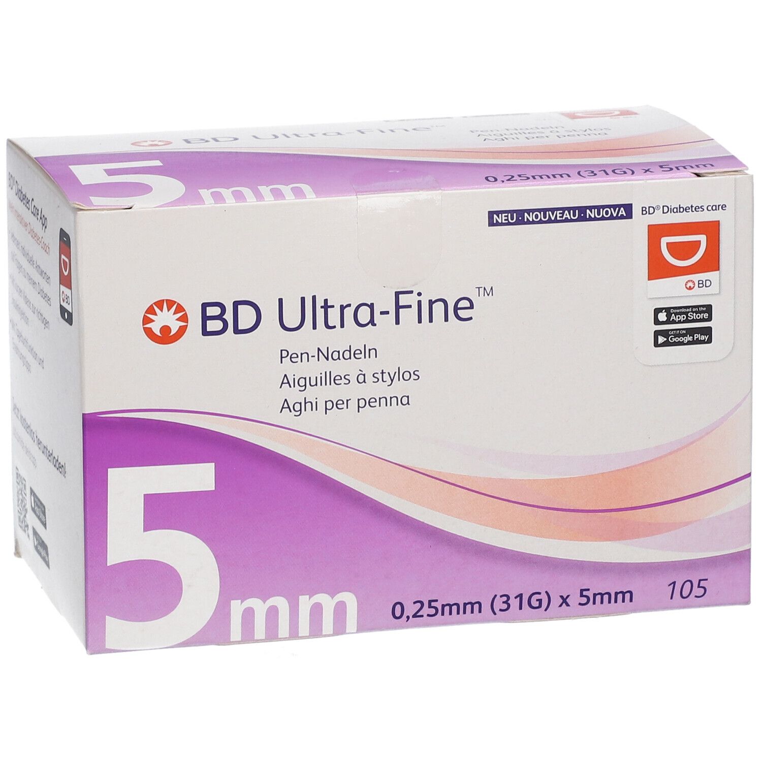 Verpackung von BD Ultra-Fine Pen-Nadeln. 5 mm, 0,25 mm (31G). 105 Stück. Marke und Produktbezeichnung deutlich sichtbar.
