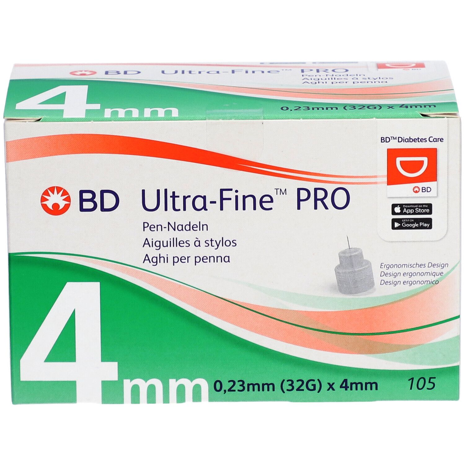 Verpackung von BD Ultra-Fine PRO Pen-Nadeln. 4 mm, 0,23 mm (32G). 105 Stück. Aufdruck: BD, Ultra-Fine PRO, Pen-Nadeln.