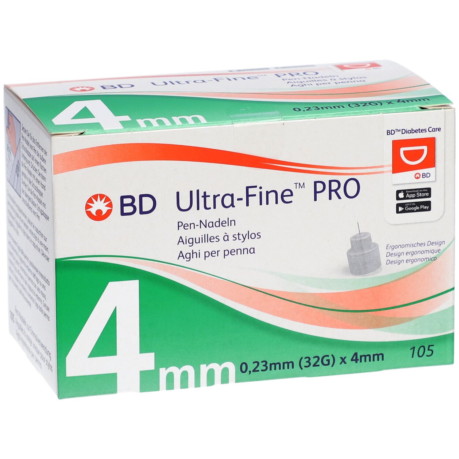 Verpackung von BD Ultra-Fine PRO Pen-Nadeln. 4 mm, 0,23 mm (32G). 105 Stück. Aufdruck: BD, Ultra-Fine PRO, Pen-Nadeln.