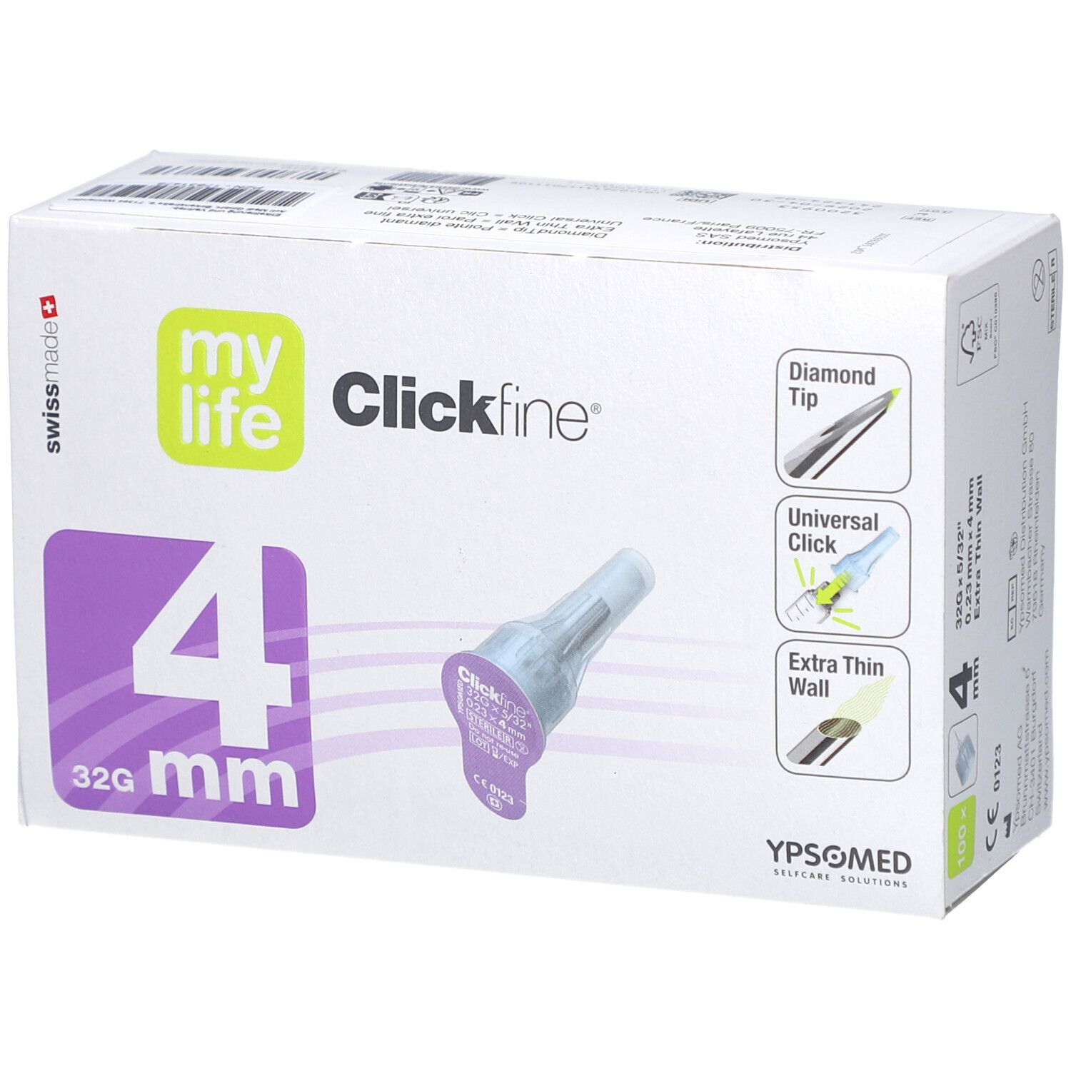 Verpackung von mylife Clickfine Pen-Nadeln 4 mm 32G. Aufdrucke: mylife, Clickfine, 4 mm, 32G. Abbildungen: Diamond Tip, Universal Click, Extra Thin Wall.