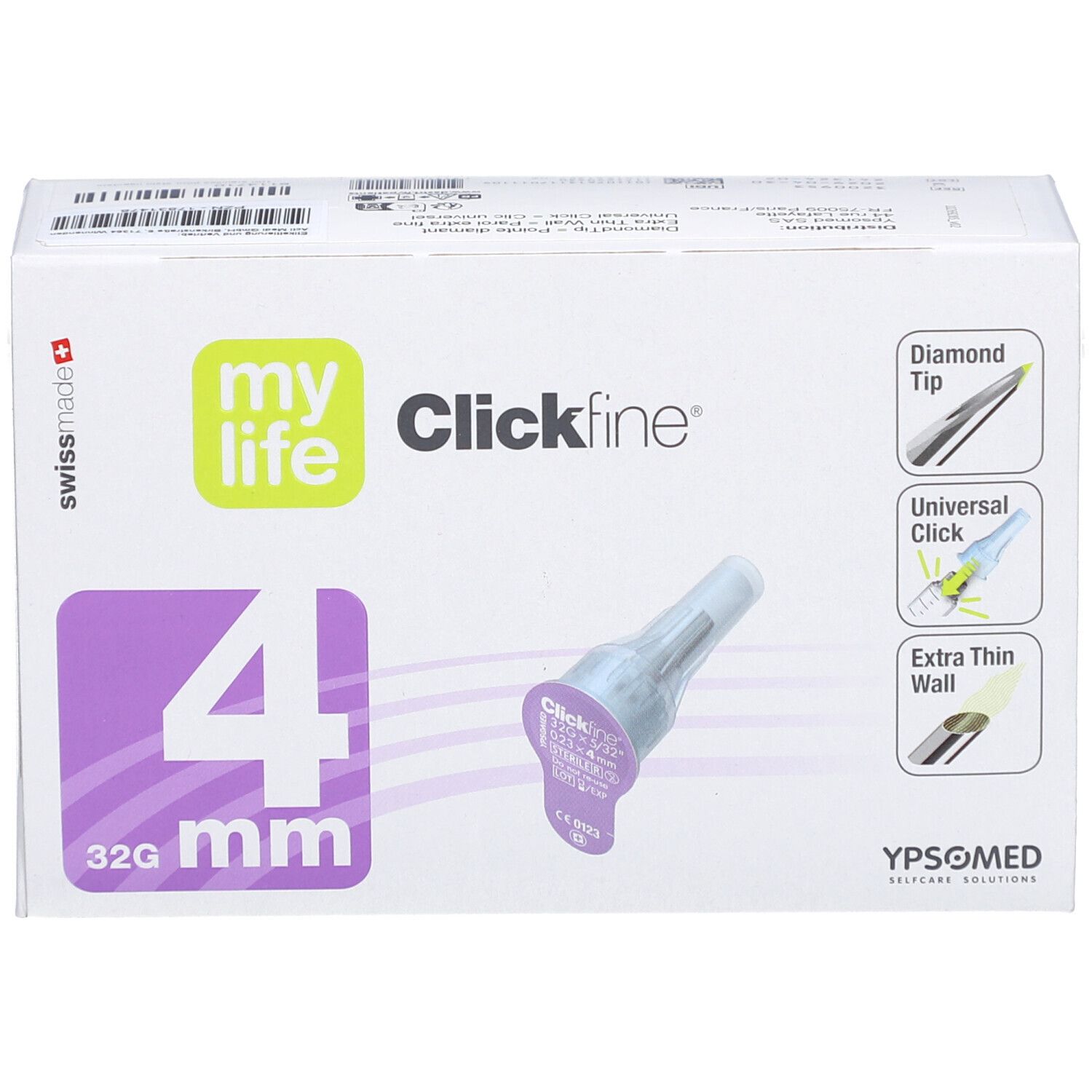 Verpackung von mylife Clickfine Pen-Nadeln 4 mm 32G. Aufdrucke: mylife, Clickfine, 4 mm, 32G. Abbildungen: Diamond Tip, Universal Click, Extra Thin Wall.