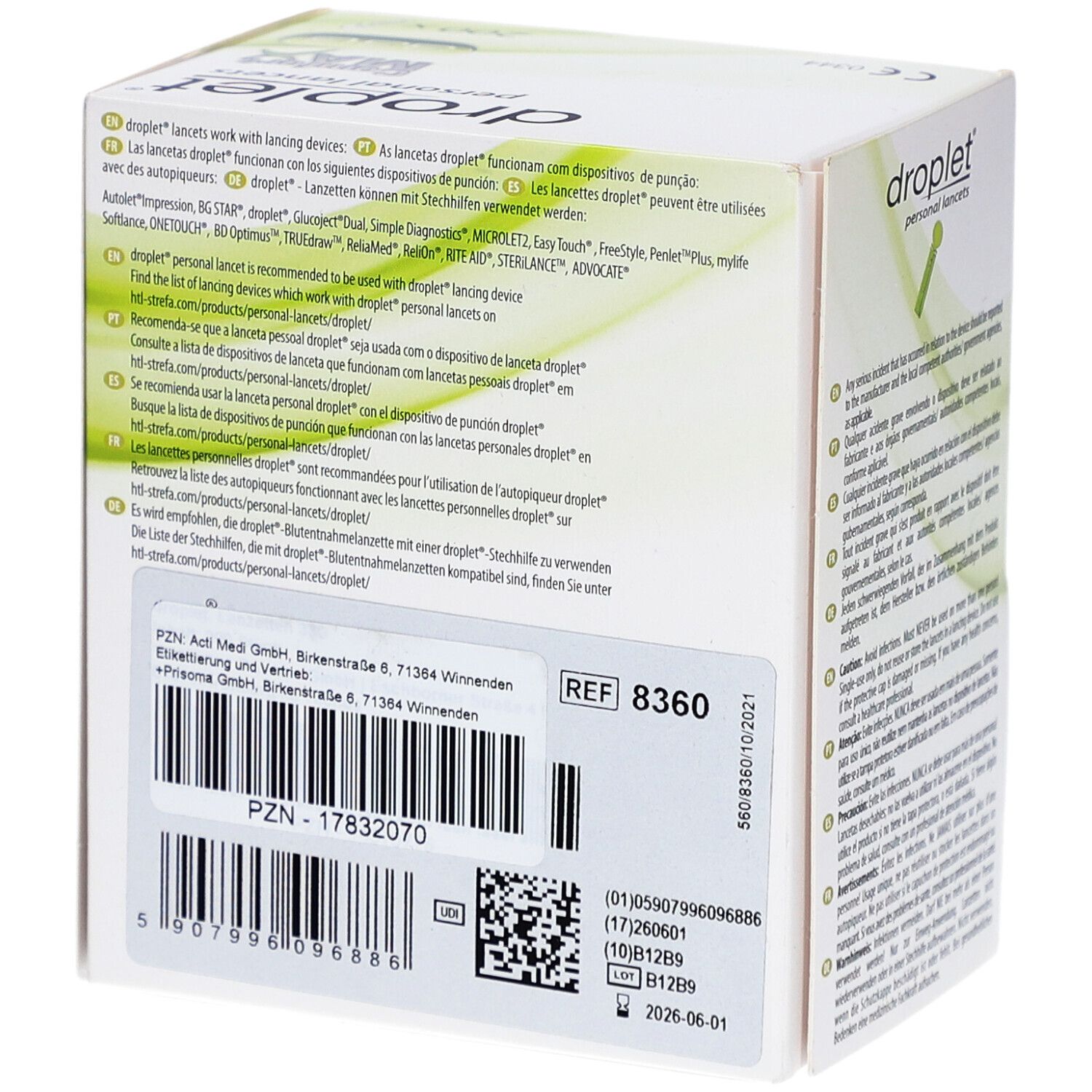 Verpackung mit Barcode, Text und Logo. Aufschrift: droplet personal lancets. REF 8360. PZN-17832070. Haltbarkeit bis 2026-06-01.