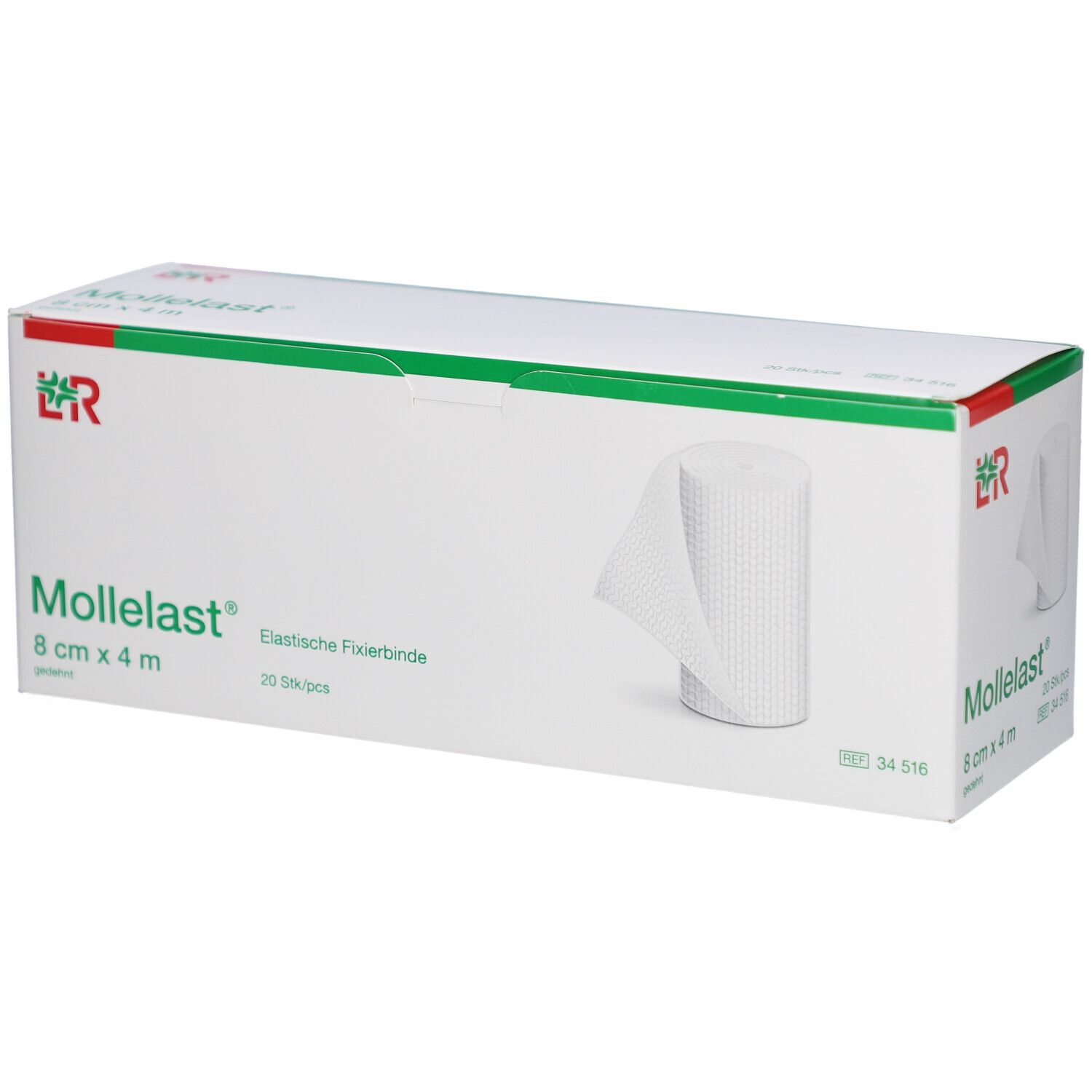 Weiße Box mit Mollelast®-Schriftzug, 8 cm x 4 m. Eine Rolle Verband ist sichtbar. Aufdruck: Elastische Fixierbinde, 20 Stück.