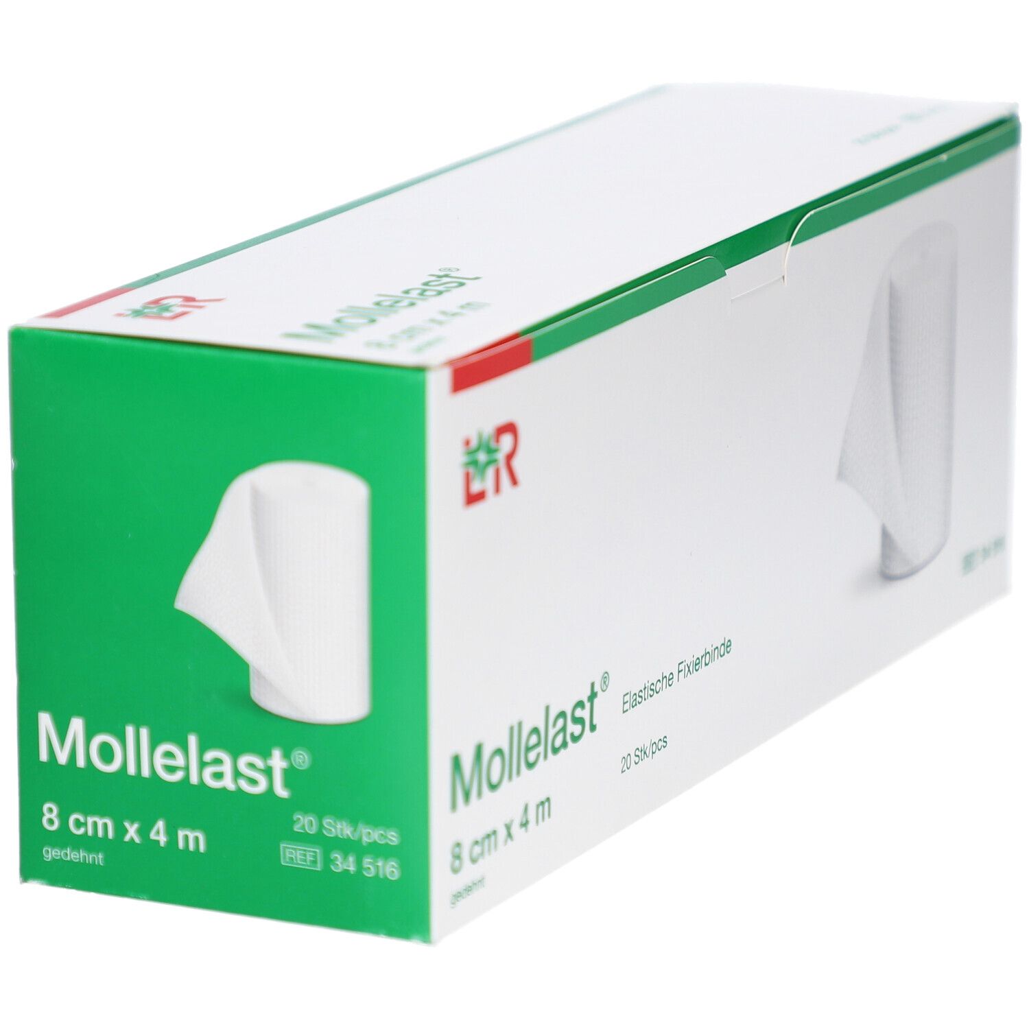 Weiße Box mit Mollelast®, 8 cm x 4 m. Rolle Verband sichtbar. Aufdruck: Elastische Fixierbinde, 20 Stück.