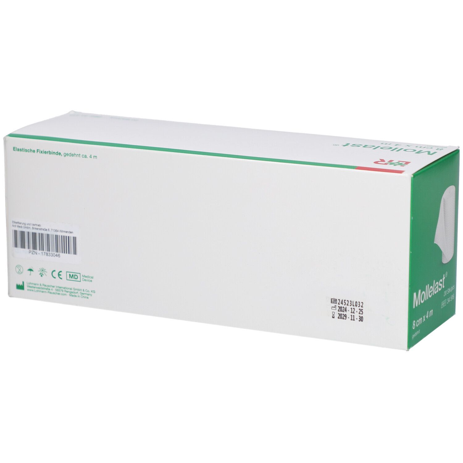 Rückseite einer weißen Box mit Mollelast®. Aufdruck: Elastische Fixierbinde, 8 cm x 4 m. CE-Kennzeichnung.