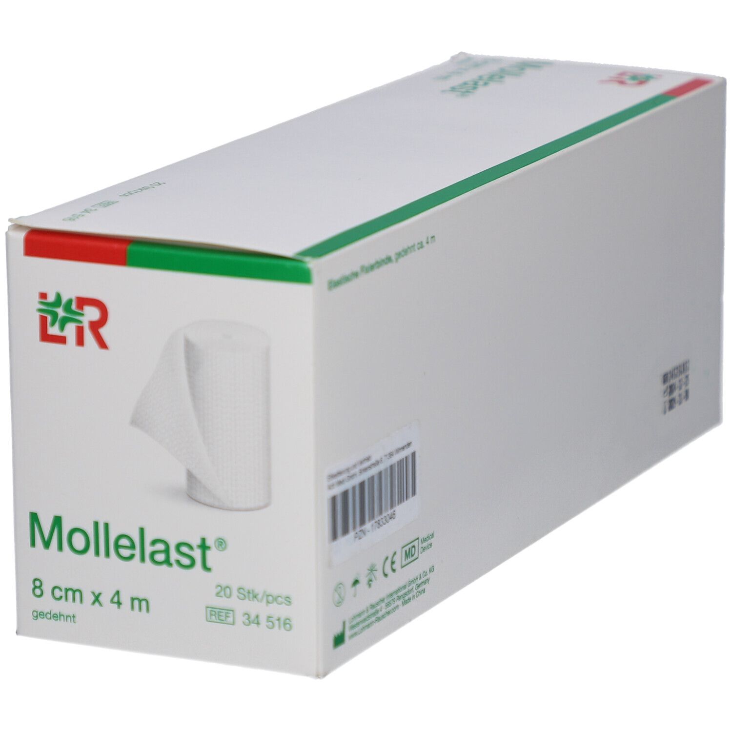 Weiße Box mit Mollelast®, 8 cm x 4 m. Rolle Verband sichtbar. Aufdruck: Elastische Fixierbinde, 20 Stück.
