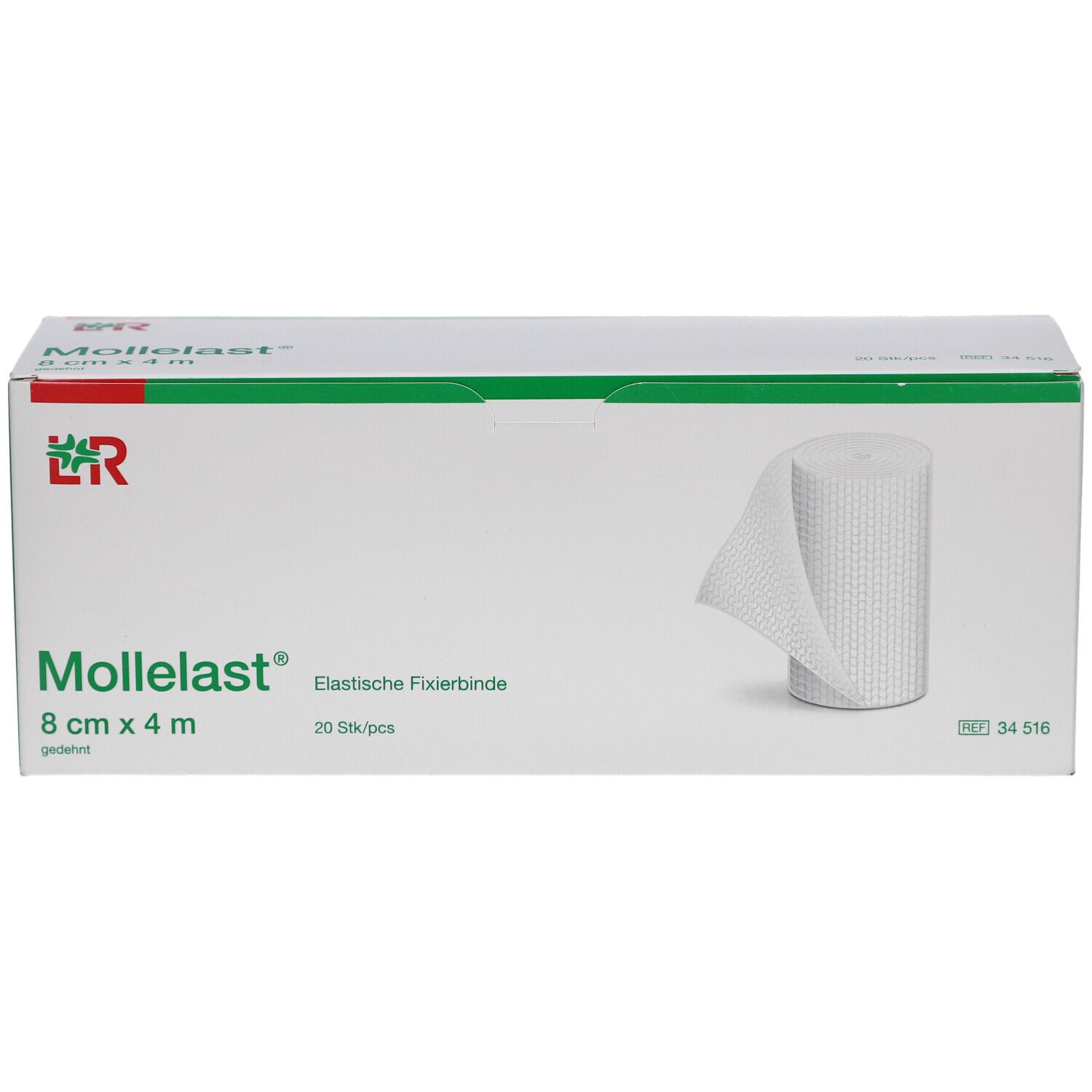 Weiße Box mit Mollelast®, 8 cm x 4 m. Rolle Verband sichtbar. Aufdruck: Elastische Fixierbinde, 20 Stück.