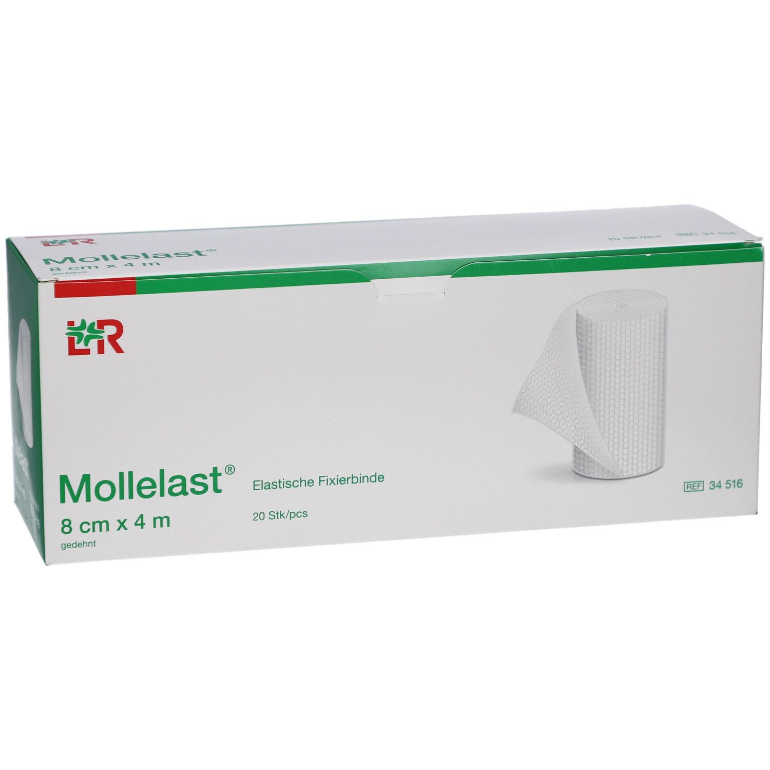 Weiße Box mit Mollelast®, 8 cm x 4 m. Rolle Verband sichtbar. Aufdruck: Elastische Fixierbinde, 20 Stück.