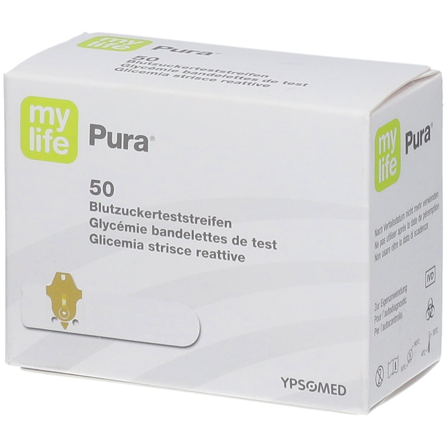 Weiße Schachtel mit "my life Pura"-Logo und Aufschrift "50 Blutzuckerteststreifen". YPSOMED-Logo.