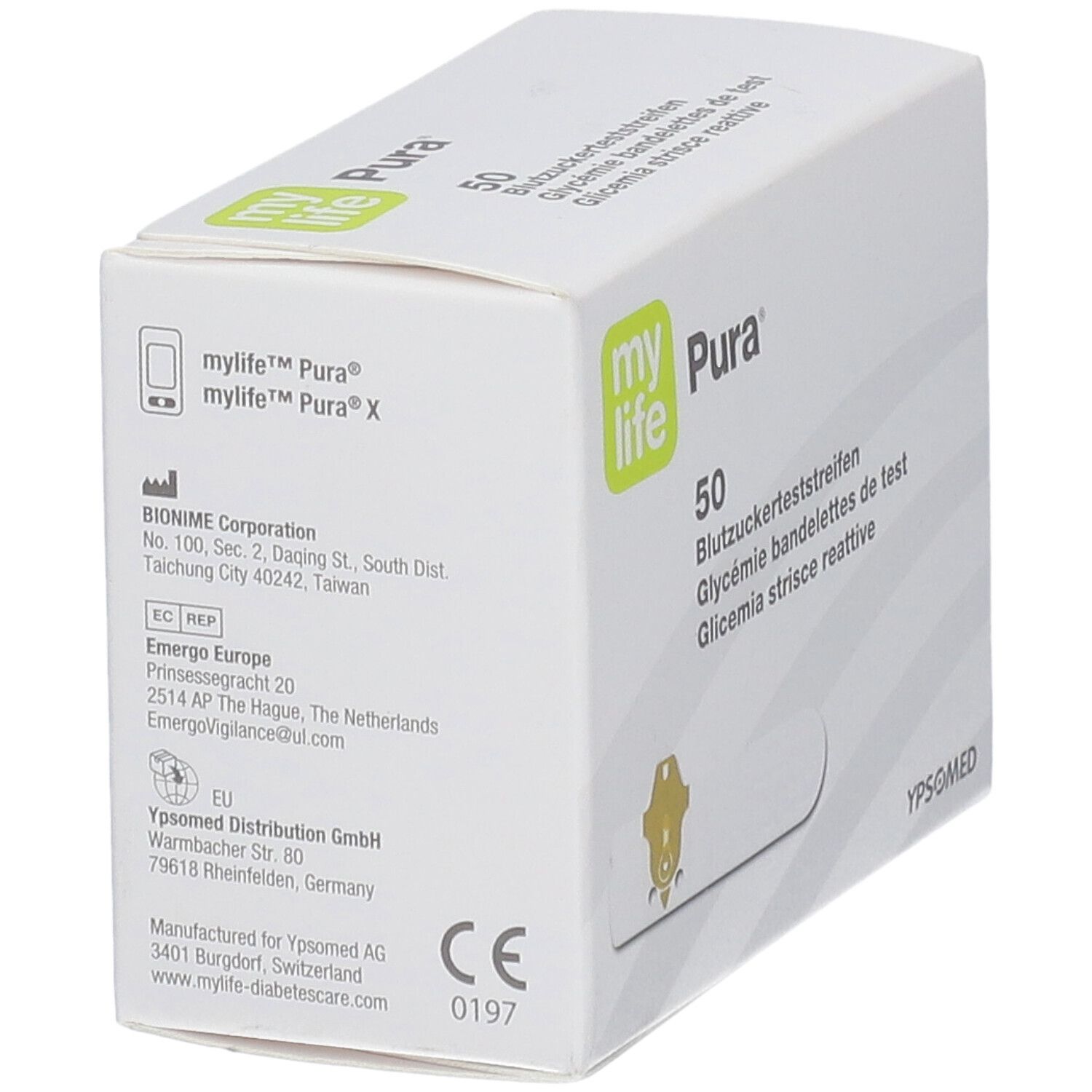 Weiße Schachtel mit "my life Pura"-Logo, Text und Logos. Aufschrift "50 Blutzuckerteststreifen". CE-Kennzeichnung.