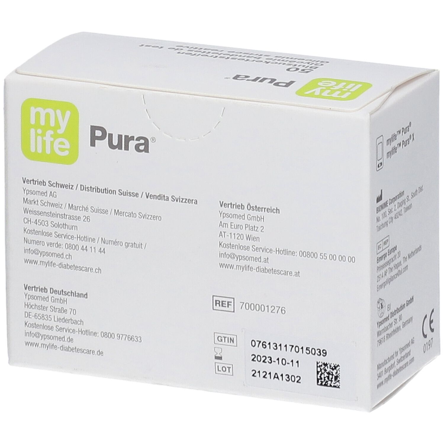 Weiße Schachtel mit "my life Pura"-Logo und Text. Enthält Informationen zu Vertrieb und Haltbarkeit. REF- und GTIN-Nummern.