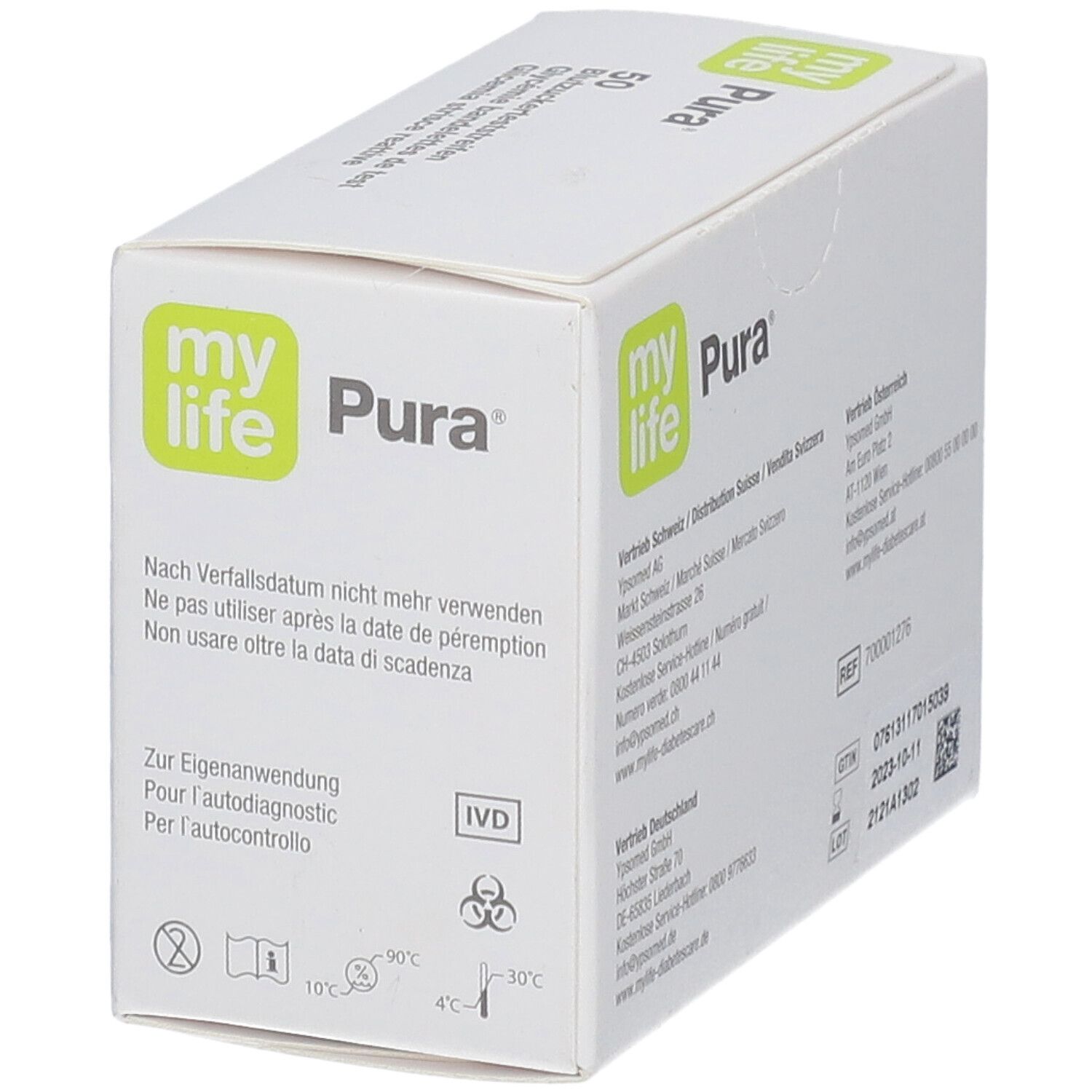 Weiße Schachtel mit "my life Pura"-Logo und Text. Enthält Informationen zur Anwendung und Warnhinweise. IVD-Symbol.
