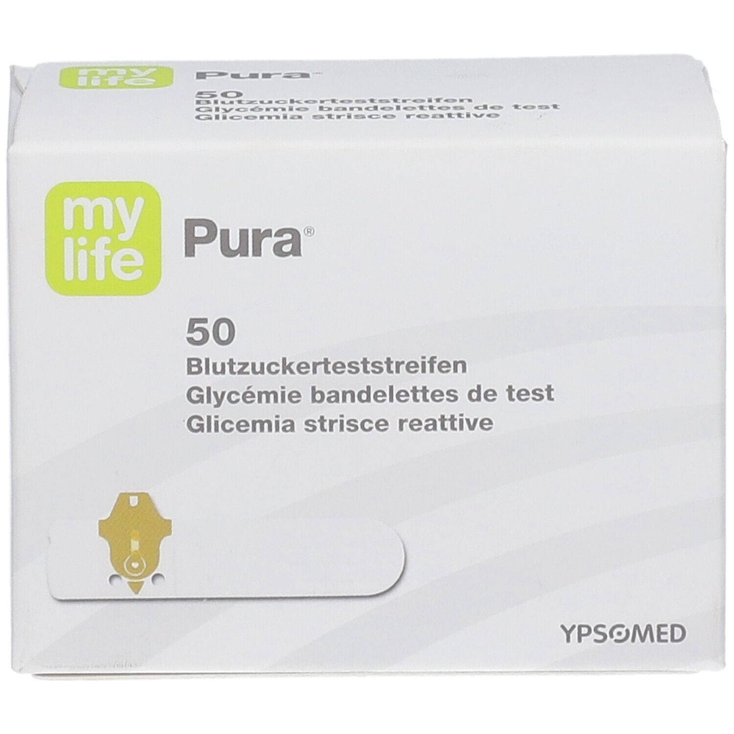 Weiße Schachtel mit "my life Pura"-Logo und Aufschrift "50 Blutzuckerteststreifen". YPSOMED-Logo.