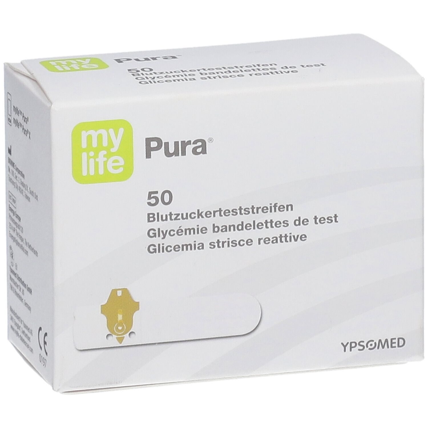 Weiße Schachtel mit "my life Pura"-Logo und Aufschrift "50 Blutzuckerteststreifen". YPSOMED-Logo.