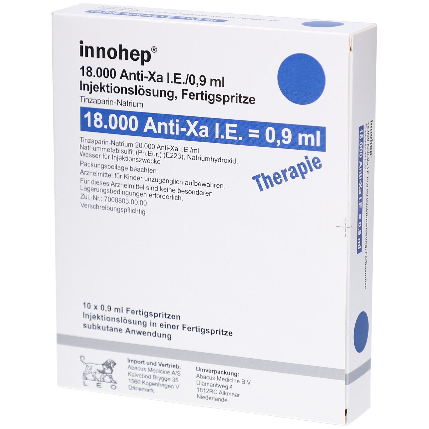 Karton von INNOHEP 18.000 Anti-Xa I.E./0,9ml Injektionslösung. Enthält 10 Fertigspritzen. Blaue Kreise und Text auf weißem Hintergrund.