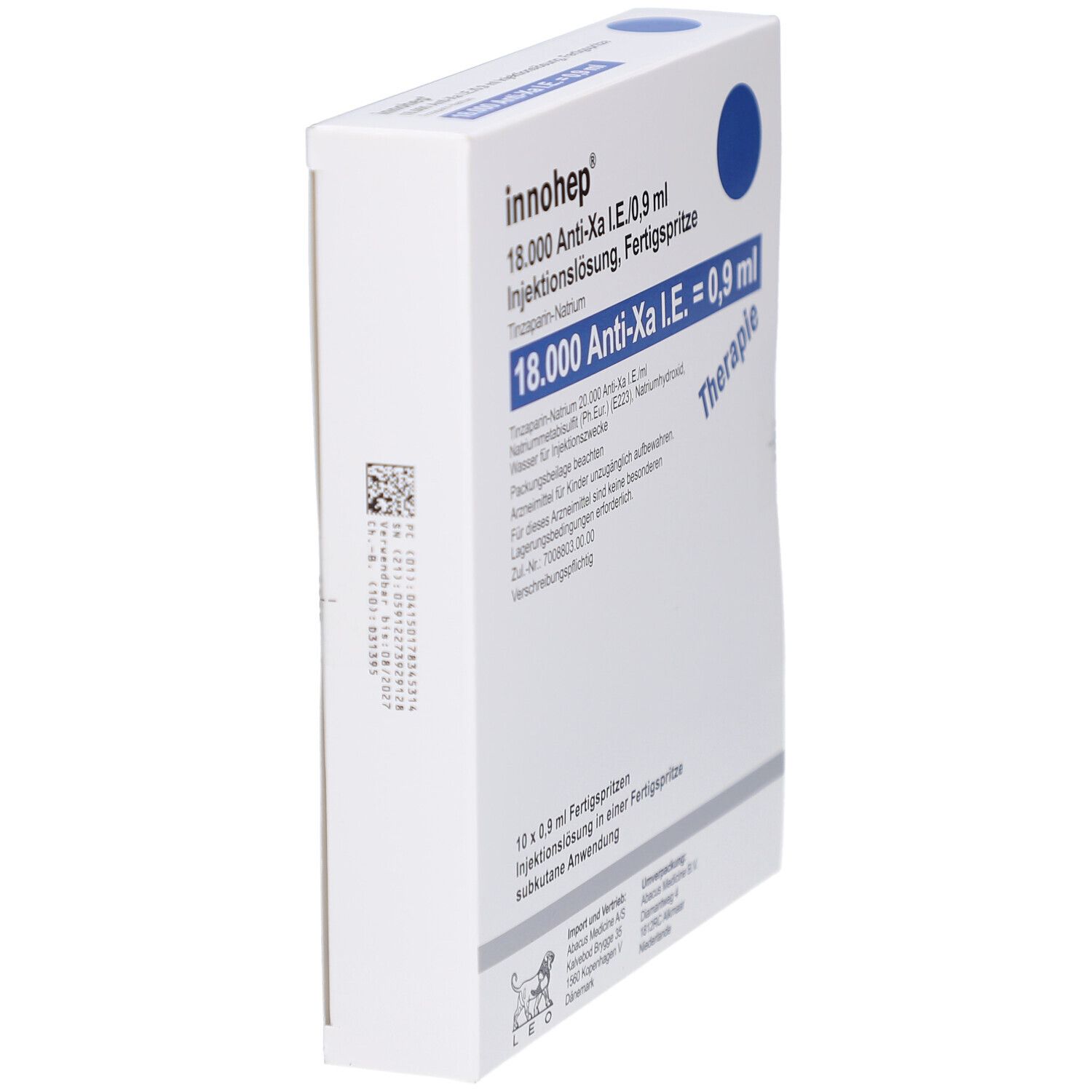 Schräg gestellte Verpackung von INNOHEP 18.000 Anti-Xa I.E./0,9ml. Weiße Schachtel mit blauem Kreis und Text. Barcode sichtbar.