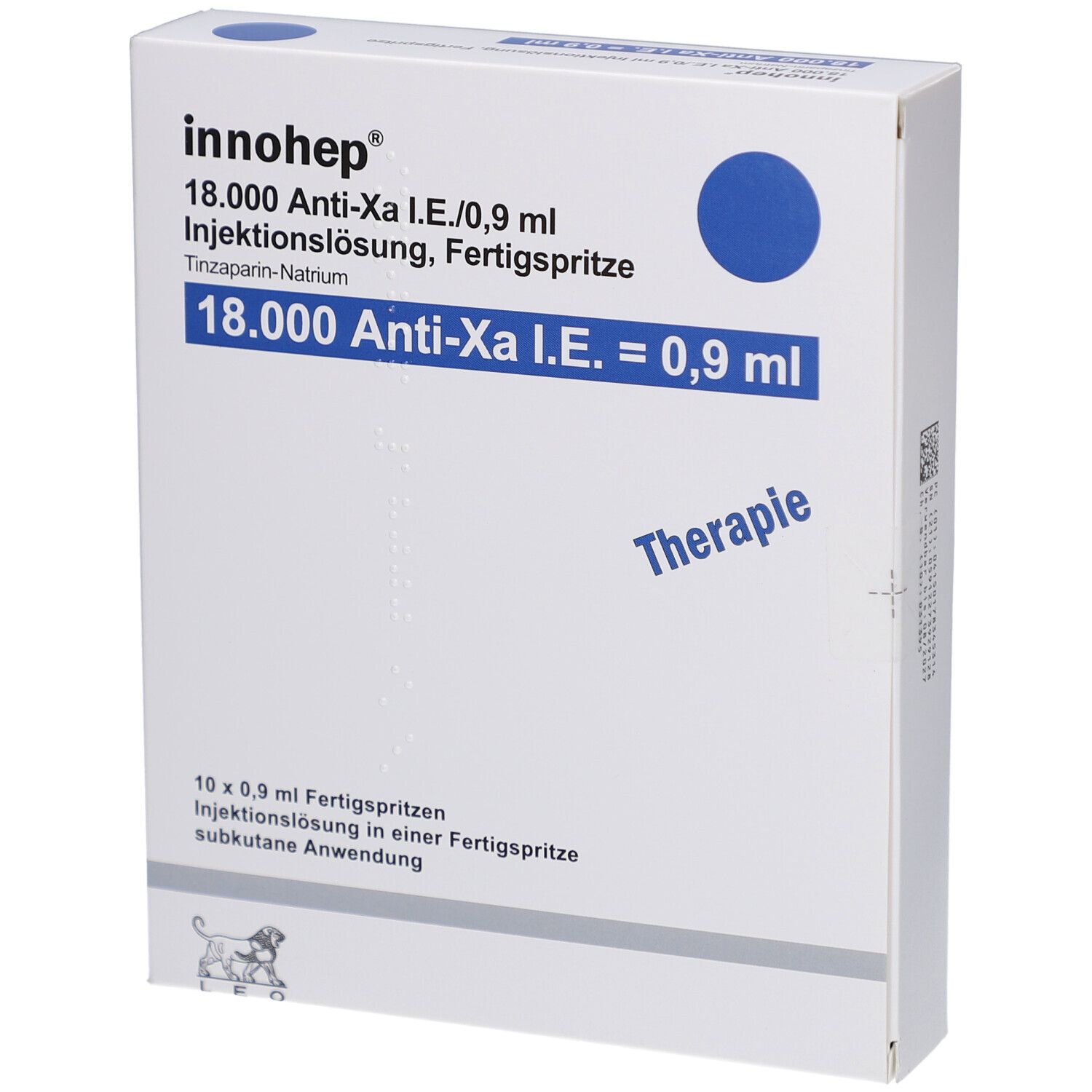 Verpackung von INNOHEP 18.000 Anti-Xa I.E./0,9ml. Weiße Schachtel mit blauem Kreis und Text. Produktname und Dosierung deutlich sichtbar.