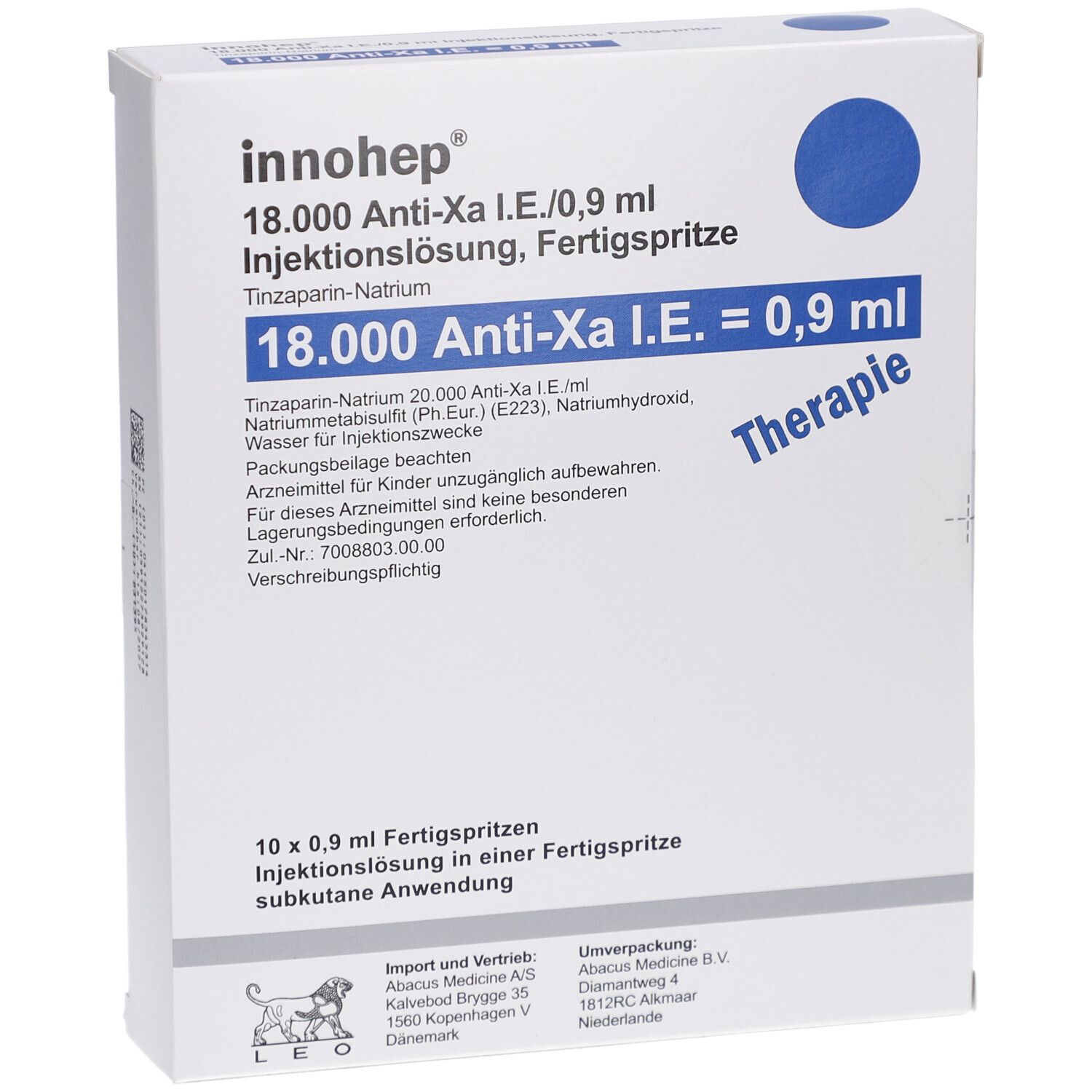 Verpackung von INNOHEP 18.000 Anti-Xa I.E./0,9ml. Weiße Schachtel mit blauem Kreis und Text. Produktname und Dosierung.