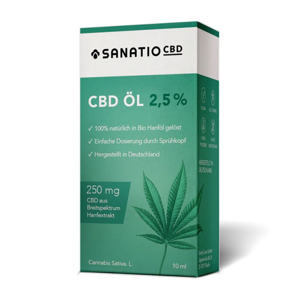 Karton mit SANATIO CBD Öl 2,5 %. Grüne und weiße Verpackung. Text: CBD Öl, 2,5 %, 250 mg CBD, Hanfextrakt.