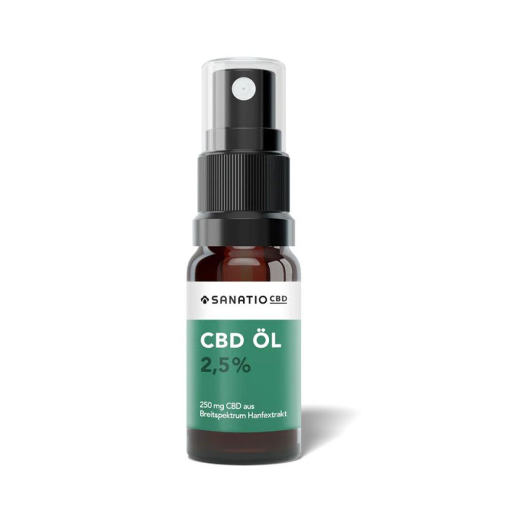 Braune Glasflasche mit Sprühkopf. SANATIO CBD Öl 2,5 %. Grünes Etikett mit Text: CBD Öl, 2,5 %, 250 mg CBD.