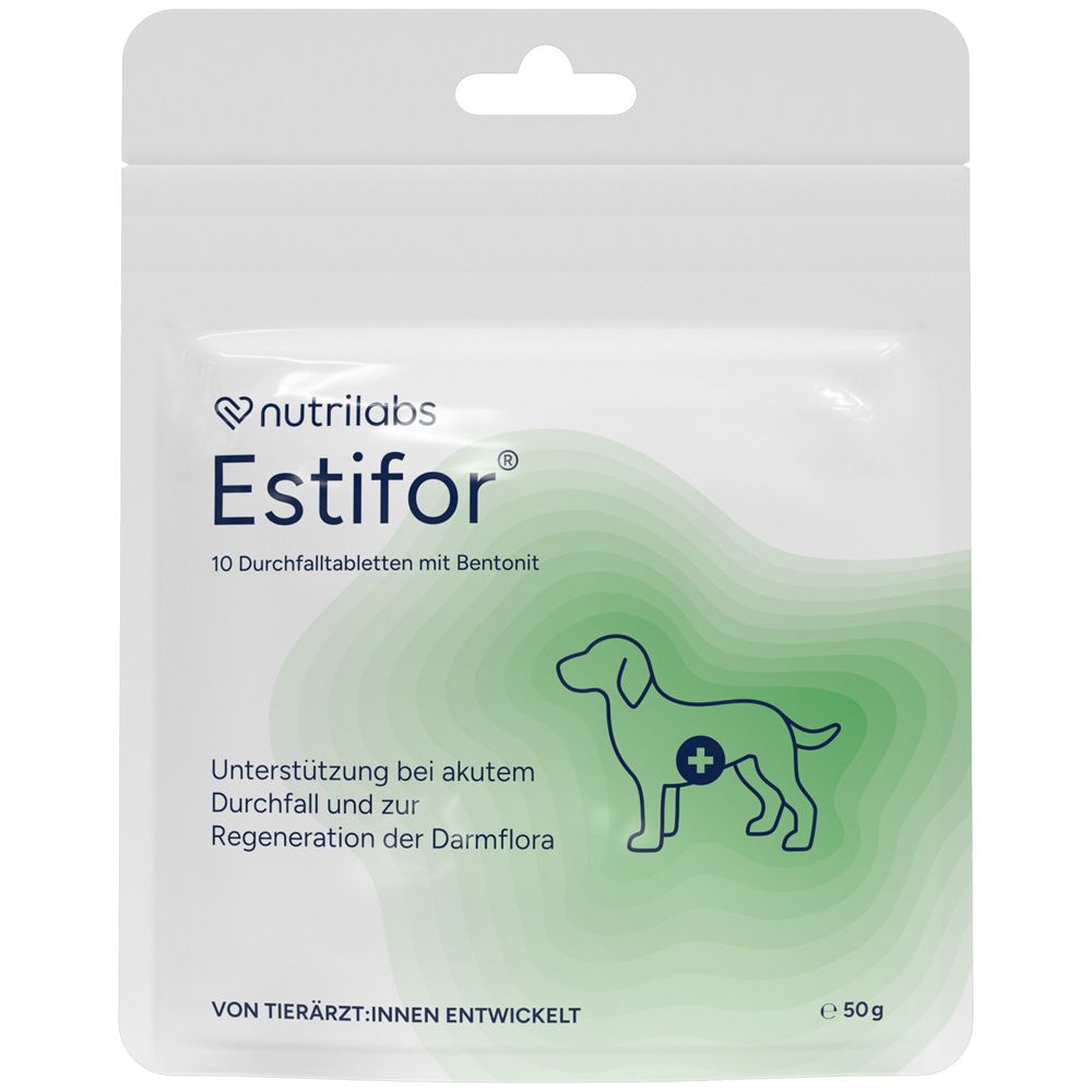 Beutel mit "Estifor"-Tabletten. Aufdruck: "10 Durchfalltabletten mit Bentonit". Logo: Hund mit Kreuz. Text: Unterstützung bei akutem Durchfall.