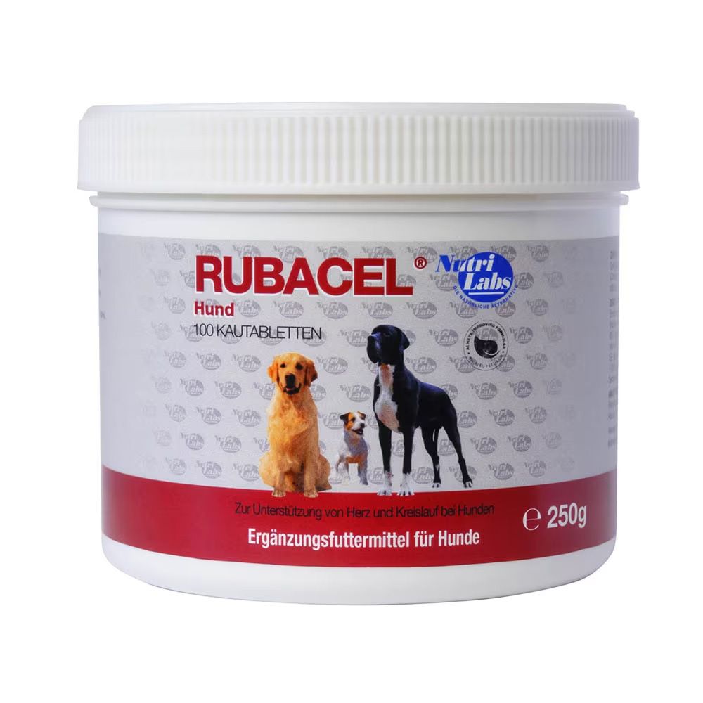 Weißer Behälter mit rotem Band. Aufschrift RUBACEL, Hunde-Abbildung, 100 Kautabletten. 250g. Nutri Labs Logo.