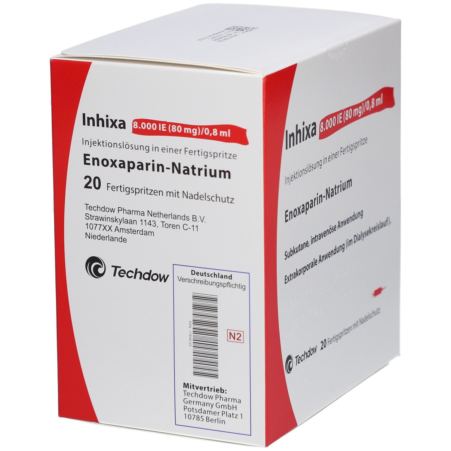 Schachtel mit Inhixa-Fertigspritzen. Aufschrift: 8.000 IE (80 mg)/0,8 ml. Enoxaparin-Natrium. 20 Fertigspritzen mit Nadelschutz. Techdow.