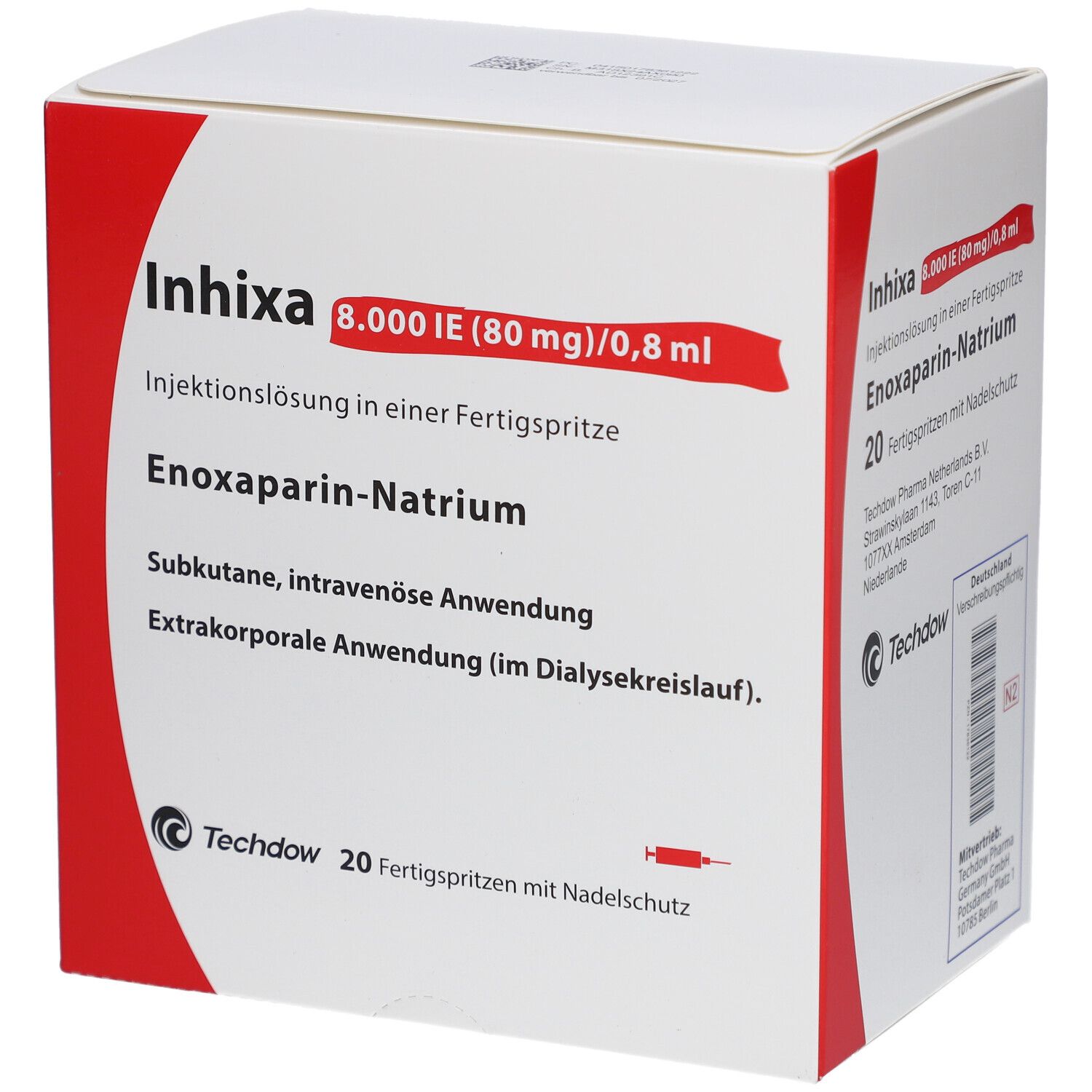 Schachtel mit Inhixa-Fertigspritzen. Aufschrift: 8.000 IE (80 mg)/0,8 ml. Enoxaparin-Natrium. 20 Fertigspritzen mit Nadelschutz. Techdow.