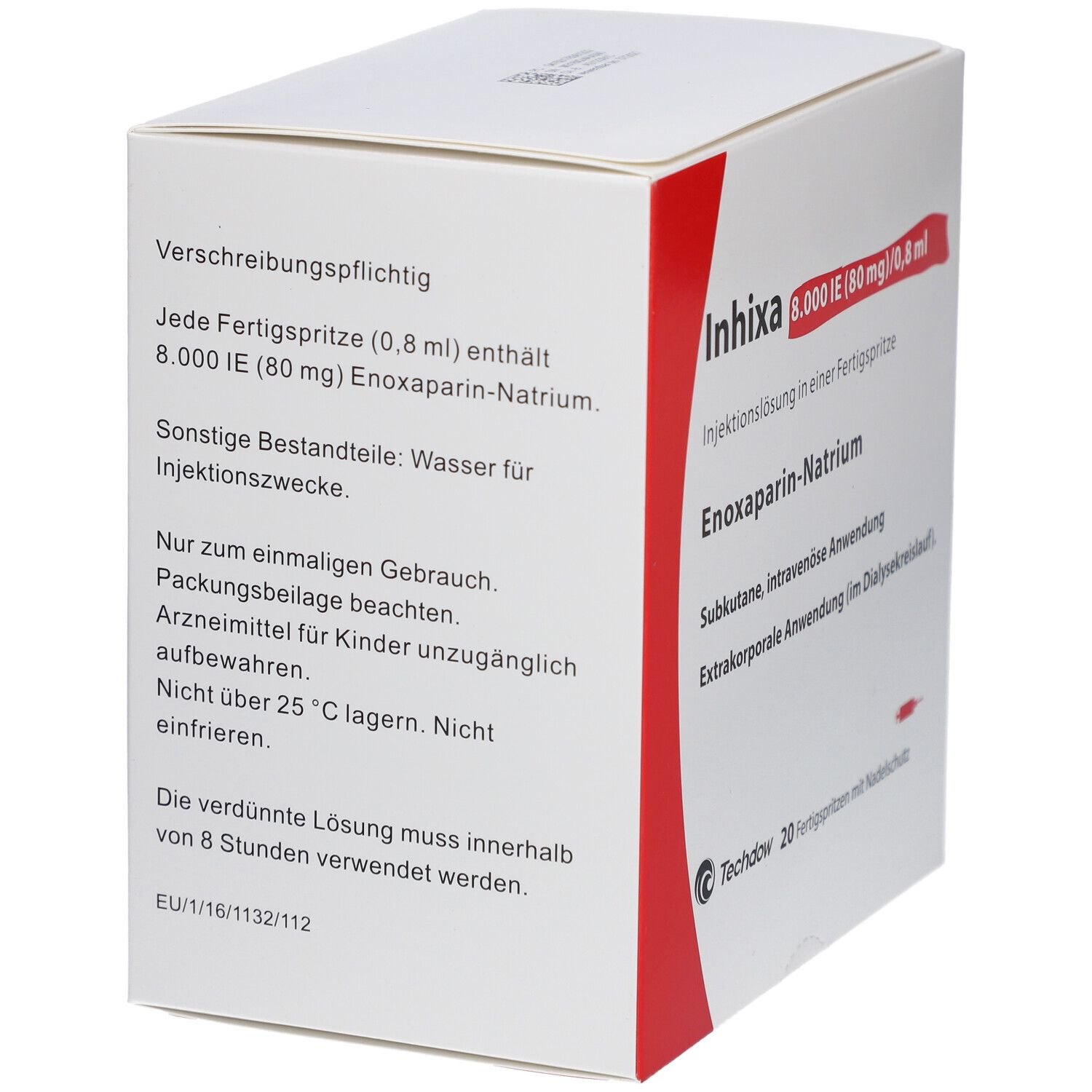 Schachtel mit Inhixa-Fertigspritzen. Aufschrift: 8.000 IE (80 mg)/0,8 ml. Enoxaparin-Natrium. 20 Fertigspritzen mit Nadelschutz.