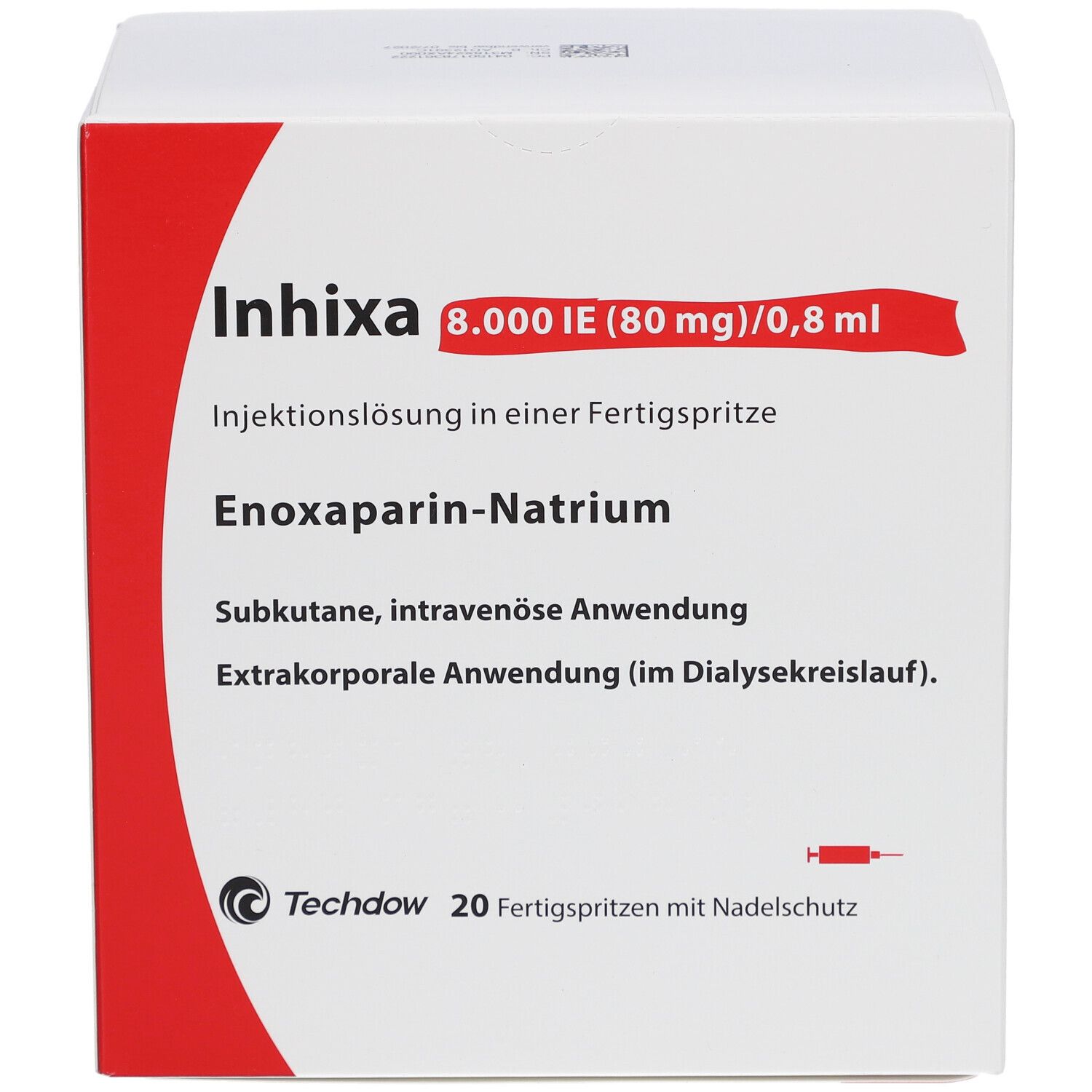 Schachtel mit Inhixa-Fertigspritzen. Aufschrift: 8.000 IE (80 mg)/0,8 ml. Enoxaparin-Natrium. 20 Fertigspritzen mit Nadelschutz.