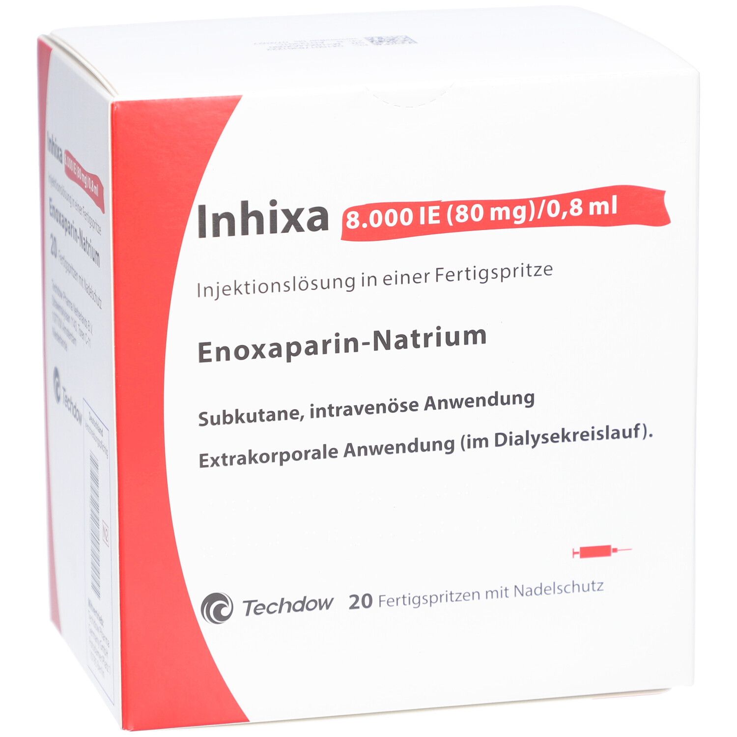 Schachtel mit Inhixa-Fertigspritzen. Aufschrift: 8.000 IE (80 mg)/0,8 ml. Enoxaparin-Natrium. 20 Fertigspritzen mit Nadelschutz.