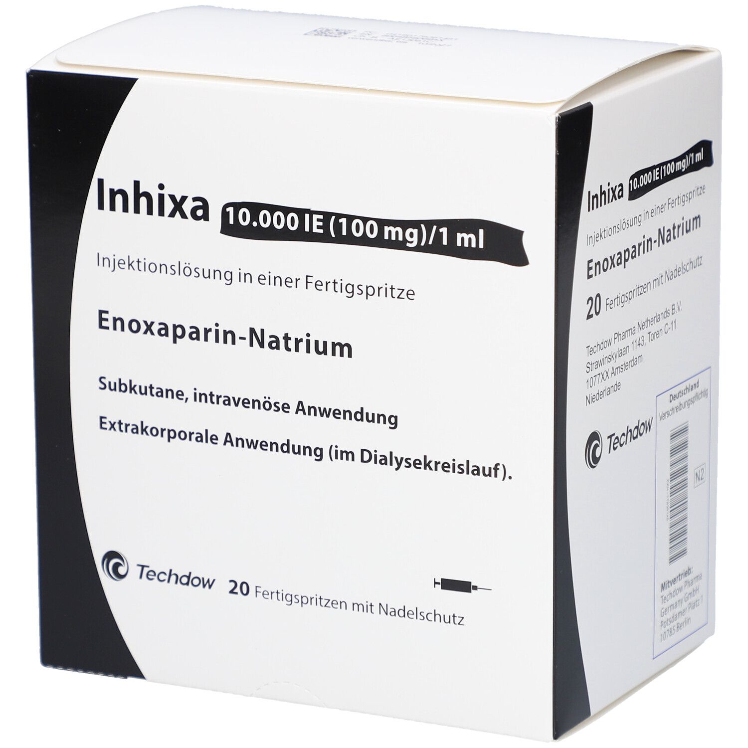 Weiße Schachtel mit Produktnamen Inhixa, Injektionslösung. Enthält 20 Fertigspritzen. Text in Deutsch.