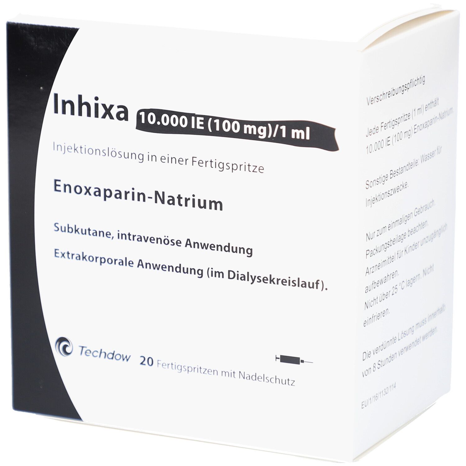 Weiße Schachtel mit Produktnamen Inhixa, Injektionslösung. Enthält 20 Fertigspritzen. Text in Deutsch.
