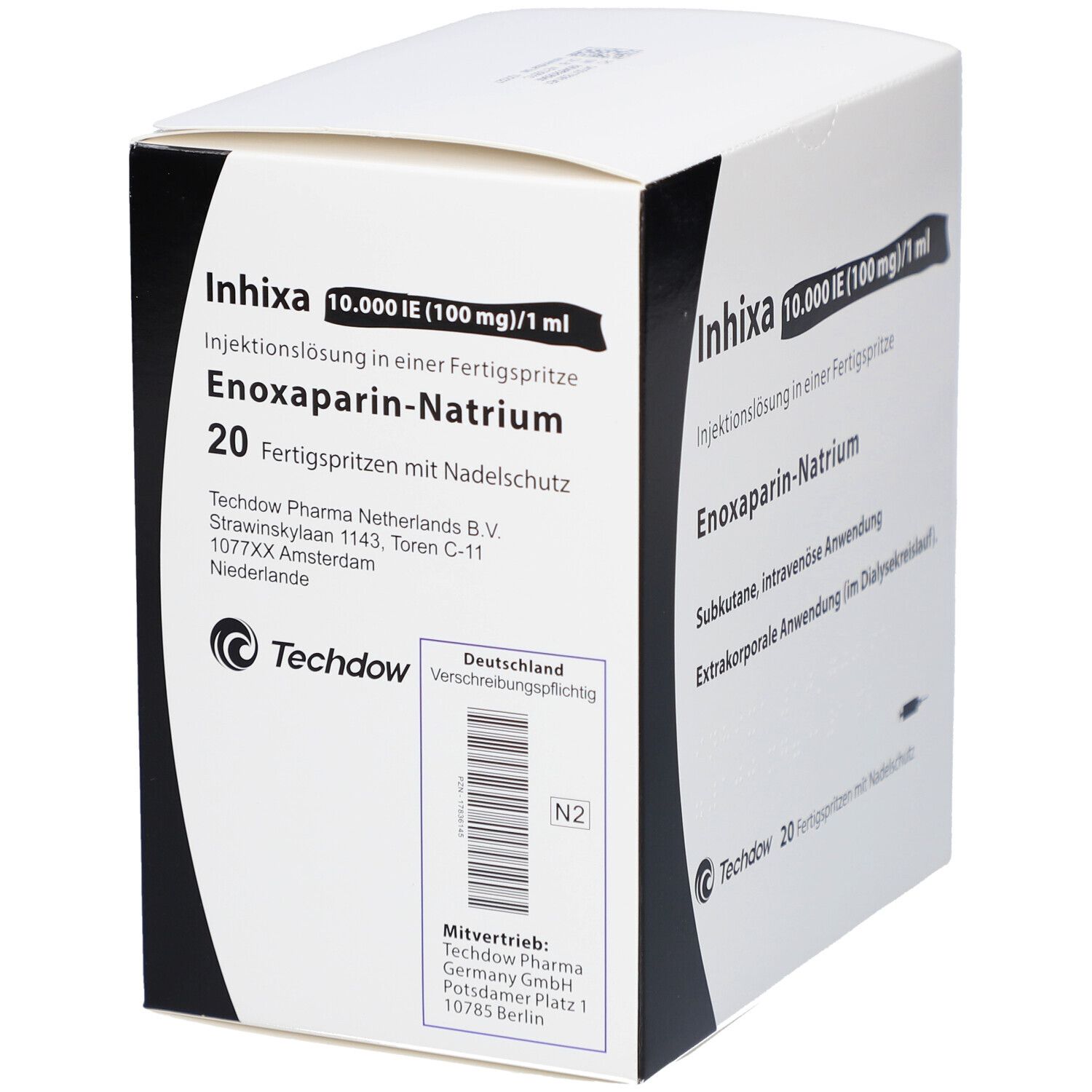 Weiße Schachtel mit Produktnamen Inhixa, Injektionslösung. Enthält 20 Fertigspritzen. Text in Deutsch.