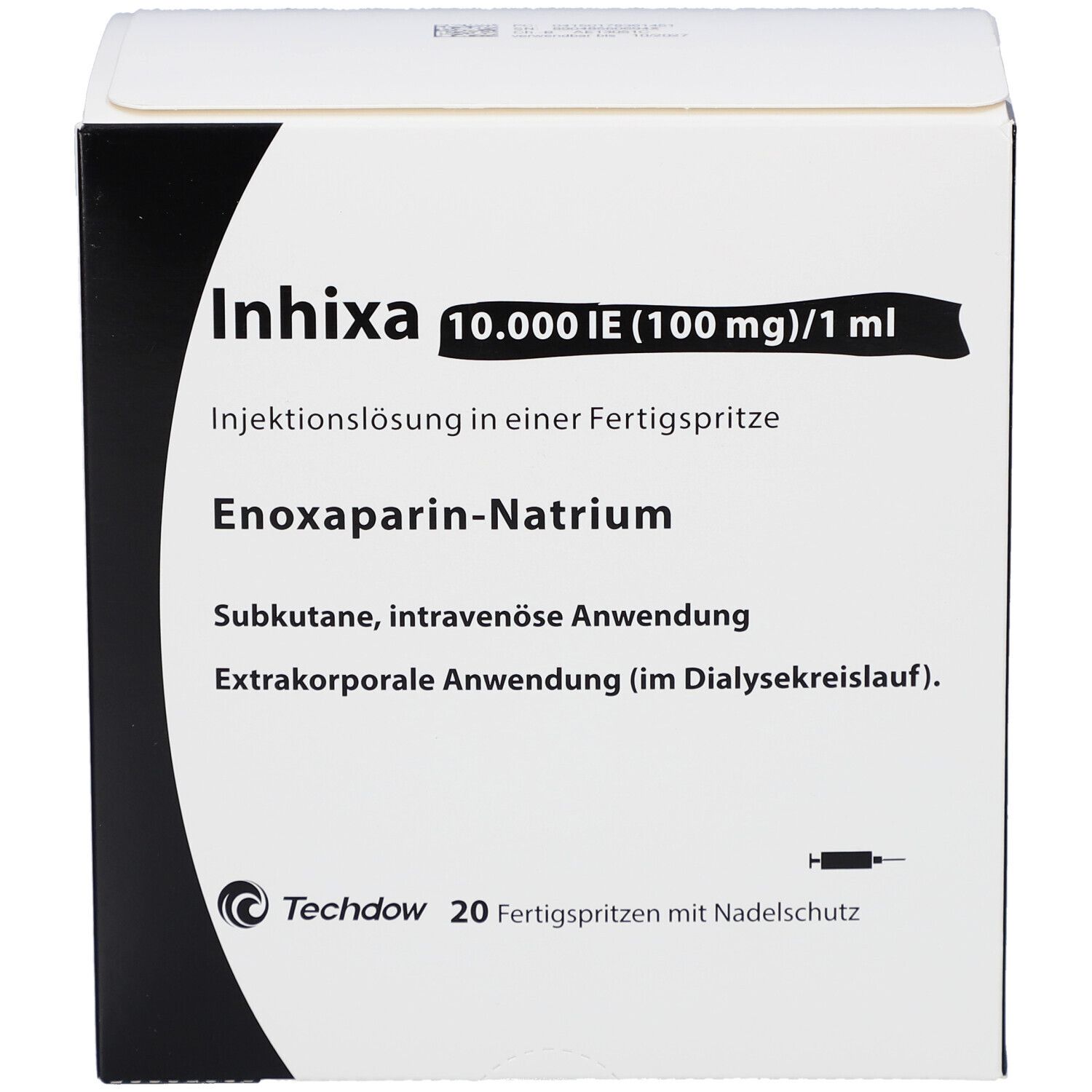 Weiße Schachtel mit Produktnamen Inhixa, Injektionslösung. Enthält 20 Fertigspritzen. Text in Deutsch.