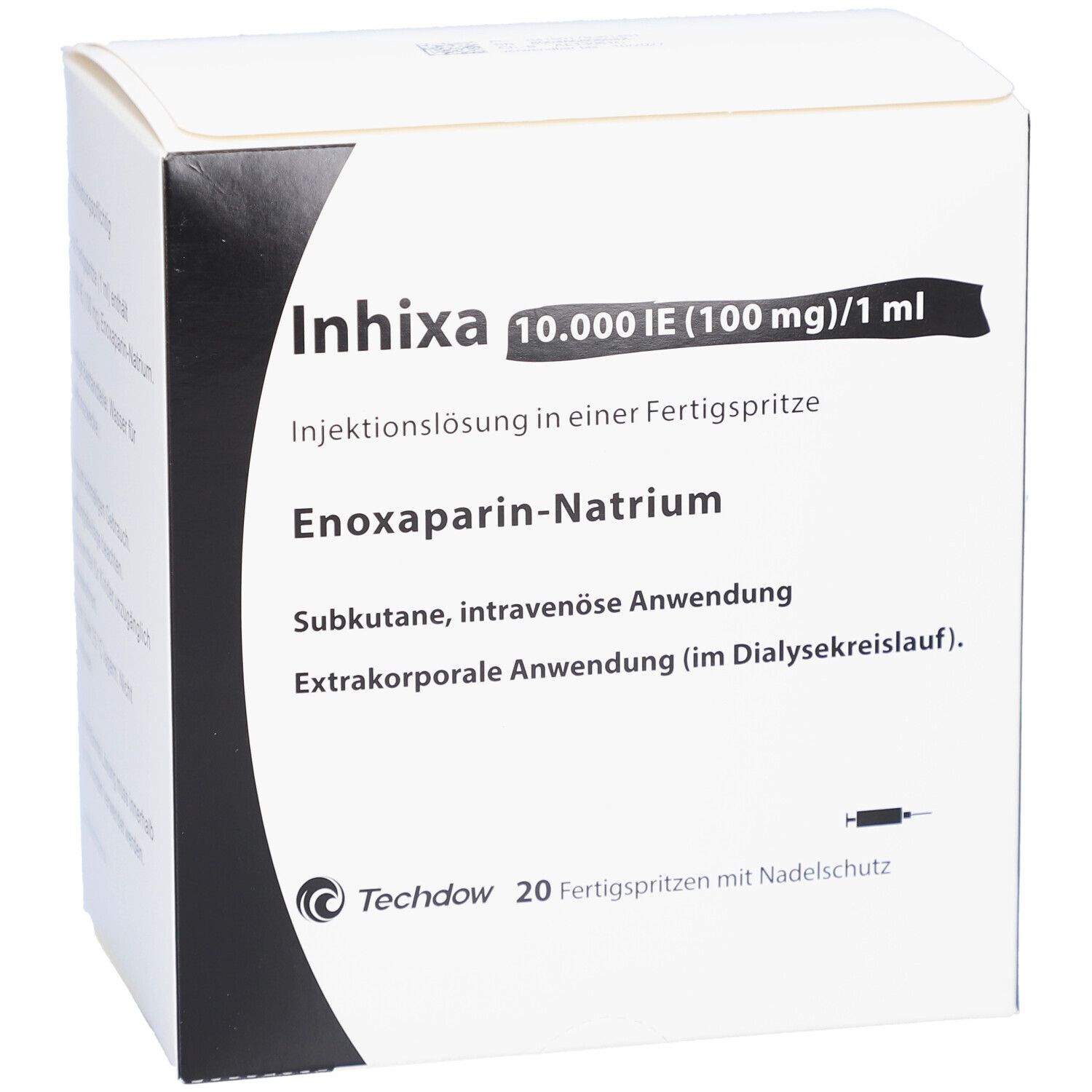 Weiße Schachtel mit Produktnamen Inhixa, Injektionslösung. Enthält 20 Fertigspritzen. Text in Deutsch.
