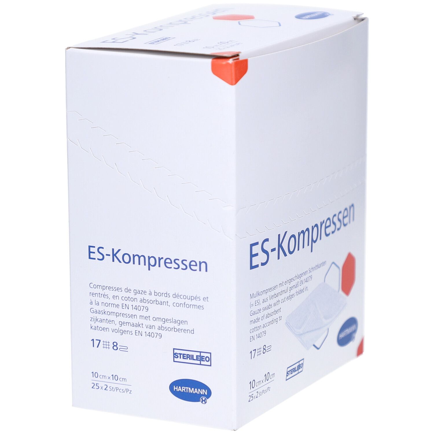 ES-Kompressen Verpackung. Weiße Box mit Produktnamen und Logo. Größe 10x10 cm, 25x2 Stück. Ansicht schräg.